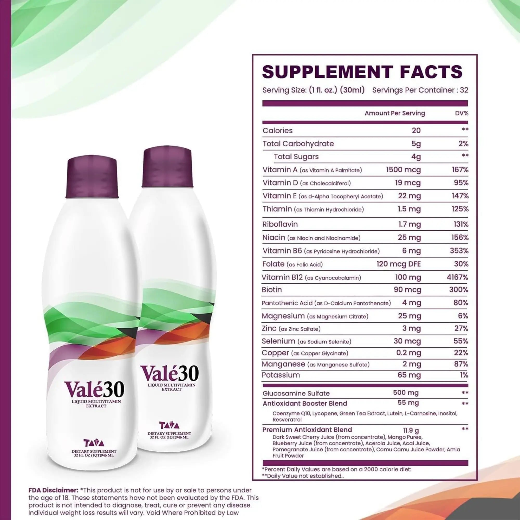 TAVA Valé30 - Liquid Multivitamin - 30-Day Supplement with Vitamin A and B Complex for Men, Women, and Family, Daily Boost Drink - 2 Bottles TAVA buy supplements canada