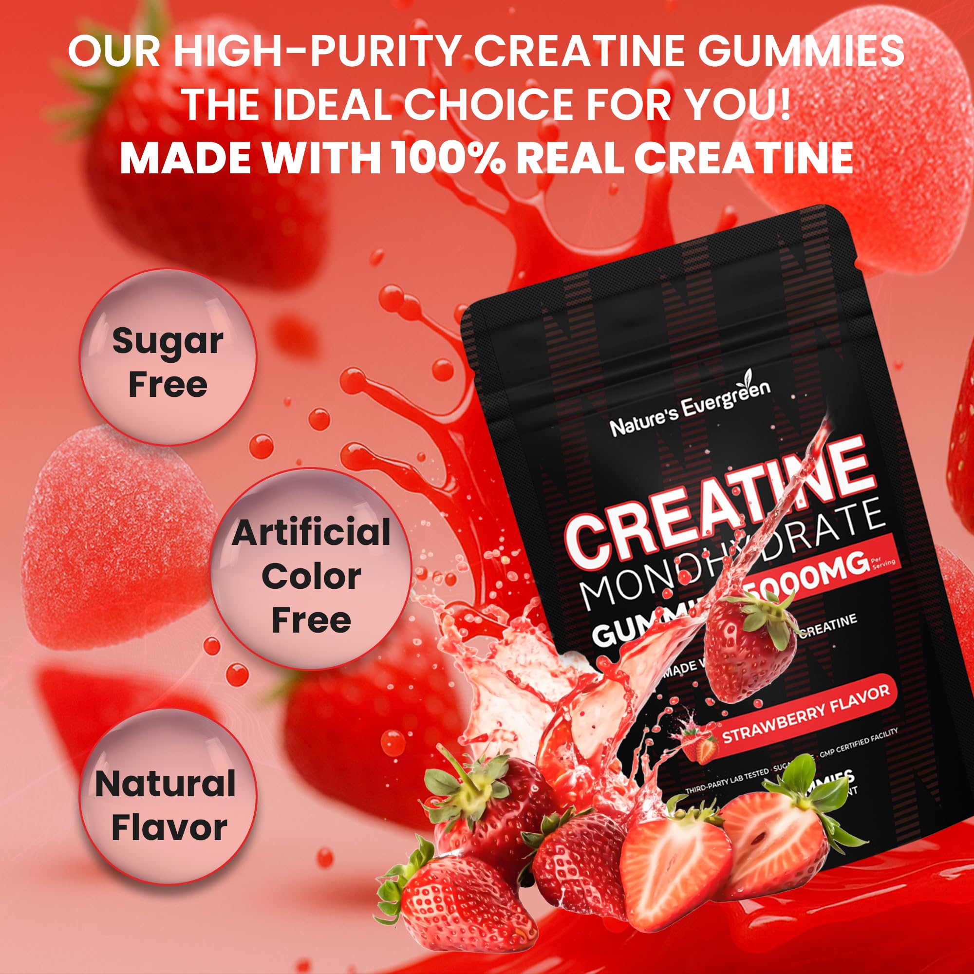 Creatine Monohydrate 5000mg Gummies, Pre-Workout 5g Creatine Gummy Supplement for Men & Women: Muscle Builder & Energy Boost, Sugar Free, Vegan, Strawberry Flavor, (120 Count) Made in USA Nature's Evergreen buy supplements canada