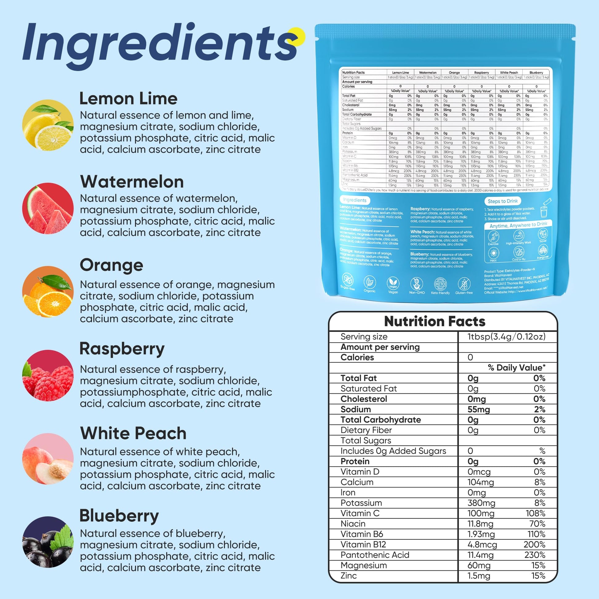 VitalHarvest 36 Sticks Electrolytes Powder Packets 6 Flavors Sugar Free Hydration Packets Electrolyte Liquid Daily IV Drink Mix with Lemon Lime, Watermelon, Orange VitalHarvest buy supplements canada