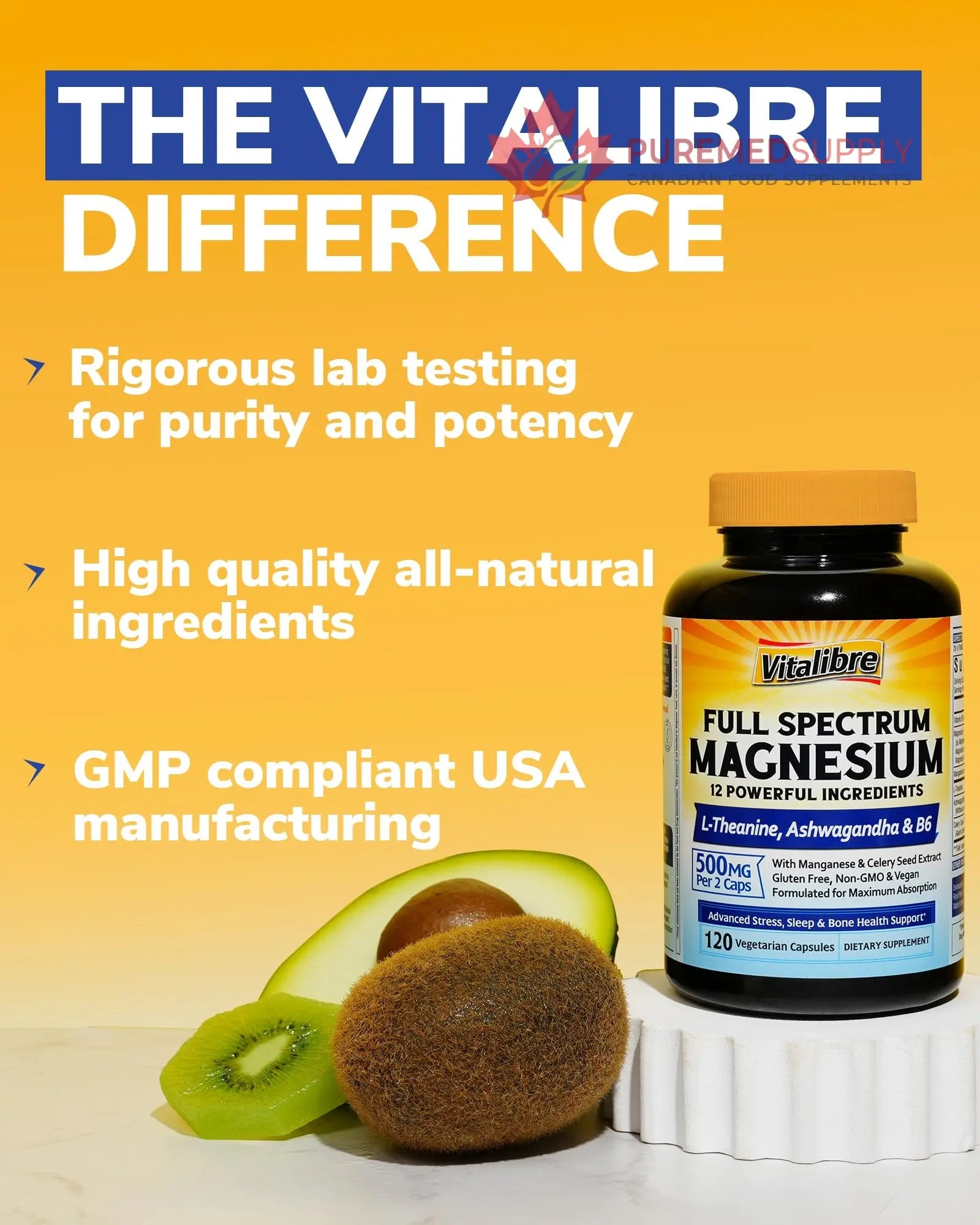 Vitalibre Magnesium Complex Supplement 500mg + Ashwagandha, L-Theanine, Vitamin B6 & Celery, High Absorption Magnesium Glycinate, Citrate, Malate, Sleep & Bone Support, 120 Vegan Capsules Vitalibre buy supplements canada