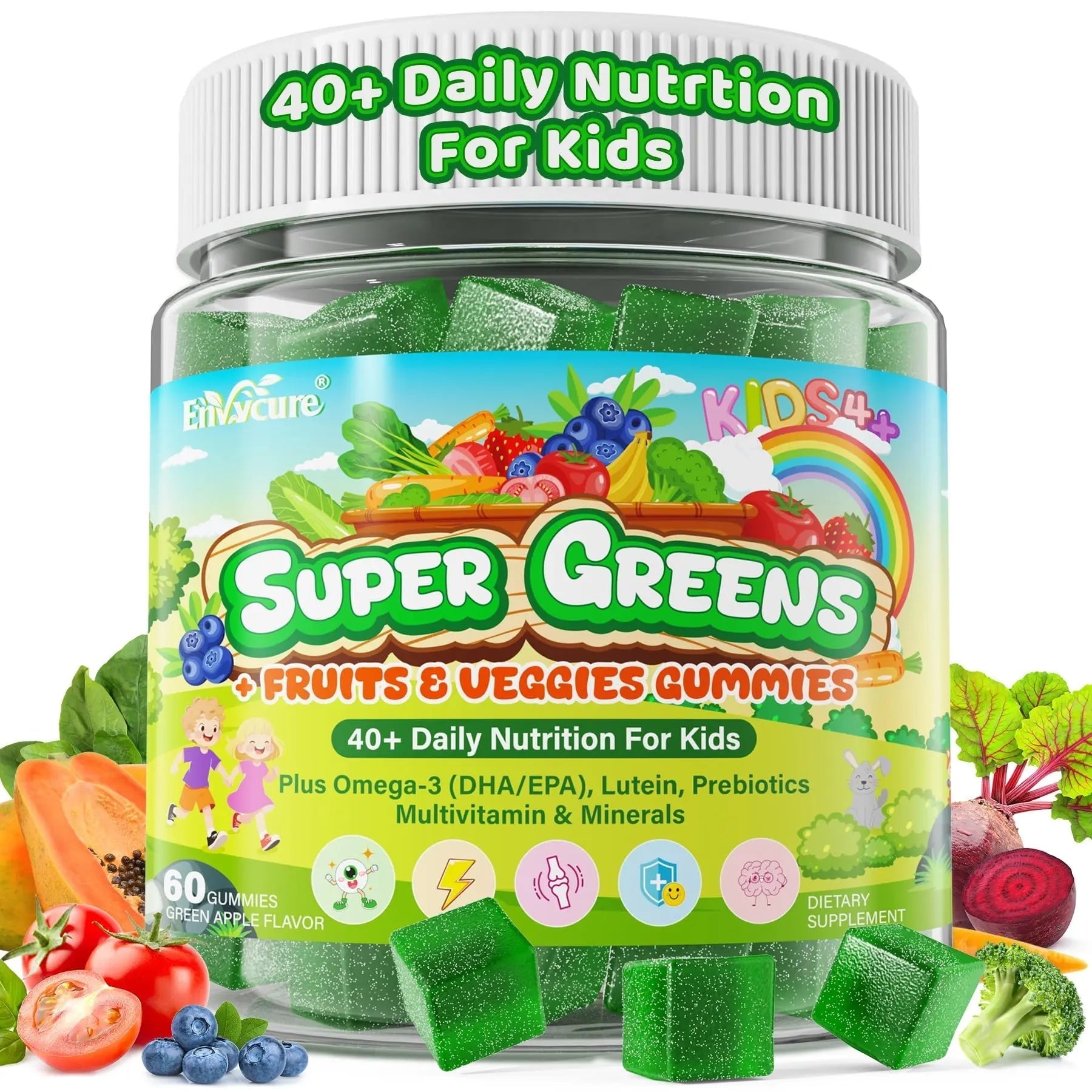 Kids Super Greens Gummies, w/Multivitamins, Spirulina, Chlorella, Spinach, Broccoli, Calcium, Omega-3 (DHA/EPA) EnvyCure buy supplements canada