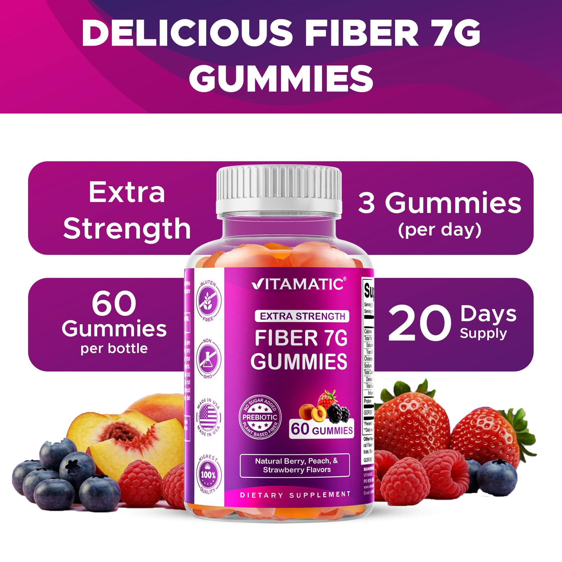 Vitamatic Prebiotic Fiber Gummies for Adults – 2 Pack (Total 120 Gummies) 7g Fiber per Serving | Extra Strength | Zero Sugar Added | Pectin-Based Vitamatic buy supplements canada