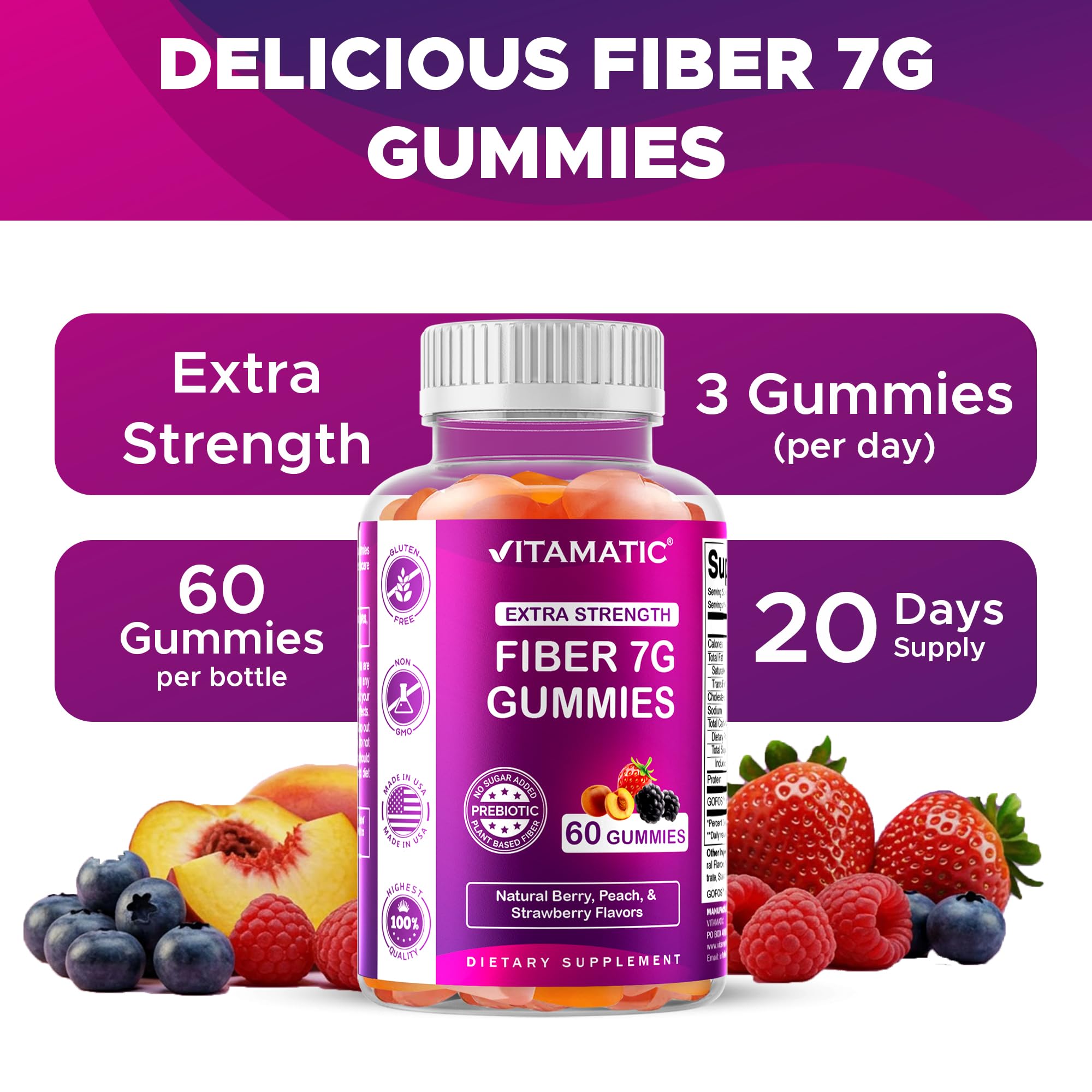 Vitamatic Prebiotic Fiber Gummies for Adults – 2 Pack (Total 120 Gummies) 7g Fiber per Serving | Extra Strength | Zero Sugar Added | Pectin-Based Vitamatic buy supplements canada
