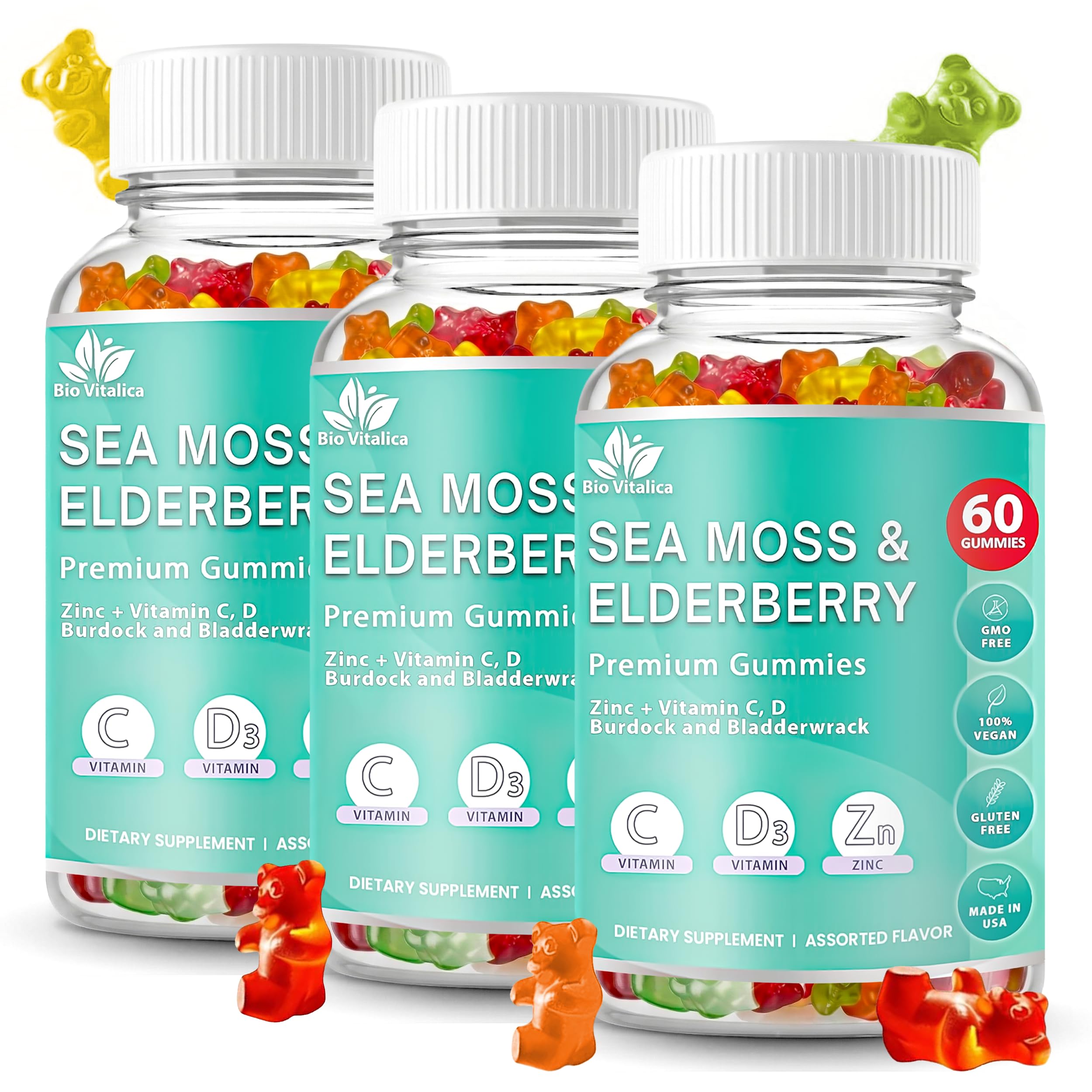 BIO VITALICA Irish Sea Moss Gummies with Elderberry – USA Made Vegan Gummies with Vitamin C, D & Zinc – Immune Support Supplement with Bladderwrack & Burdock Root for Adults & Kids – 3 Packs BIO VITALICA buy supplements canada