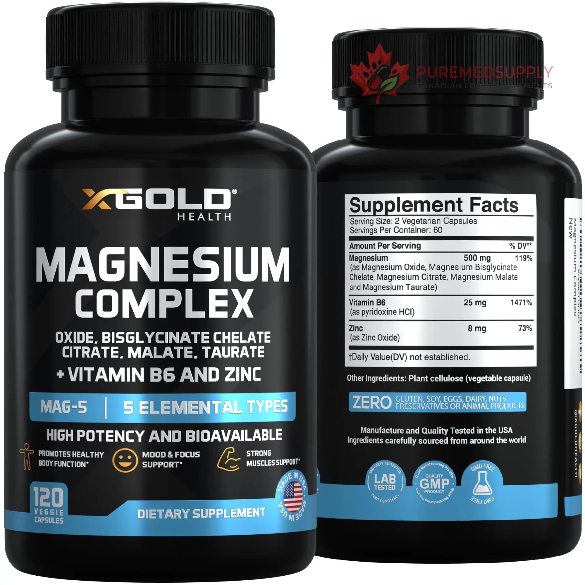 X Gold Health Magnesium Complex 5-in-1 with Zinc & B6 High Absorption Capsules (Glycinate, Citrate, Malate, Taurate, Oxide) Muscle Recovery, Energy, Sleep Support & Immune Health 500mg Made in USA X Gold Health buy supplements canada