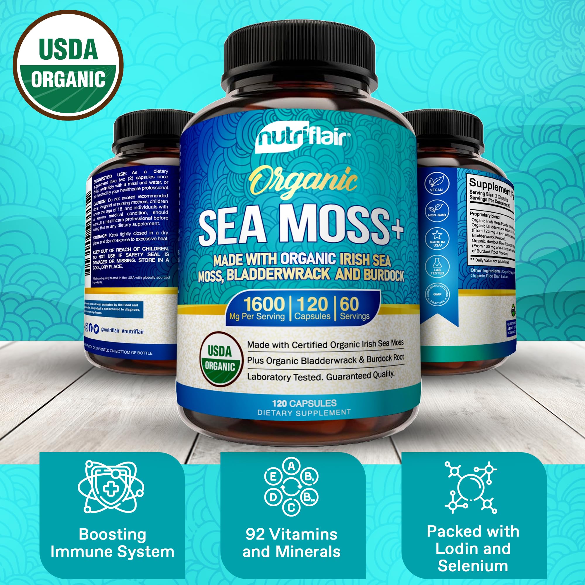 NutriFlair Organic Sea Moss 1600mg, 120 Capsules Plus Bladderwrack & Burdock - Prebiotic Super Food - Immune System & Digestive Health - Thyroid, Healthy Skin, Keto Detox, Gut NutriFlair buy supplements canada
