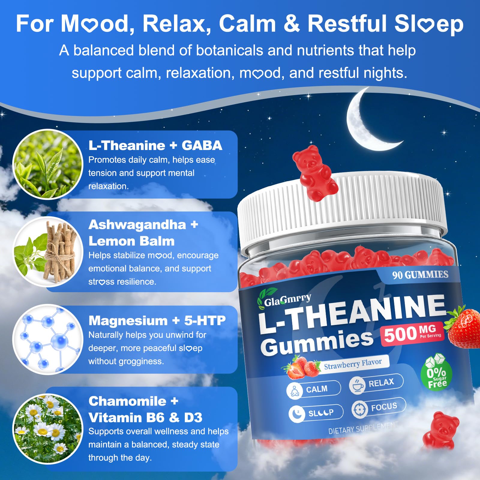 GlaGmrry 90 Count | L Theanine Gummies, L Theanine Supplement for Adults & Kids, w/Ashwagandha, Magnesium, GABA & 5-HTP, Sugar Free Liposomal Formula for Calm Relax zzZ M♡♡d & Focus, Vegan GlaGmrry buy supplements canada