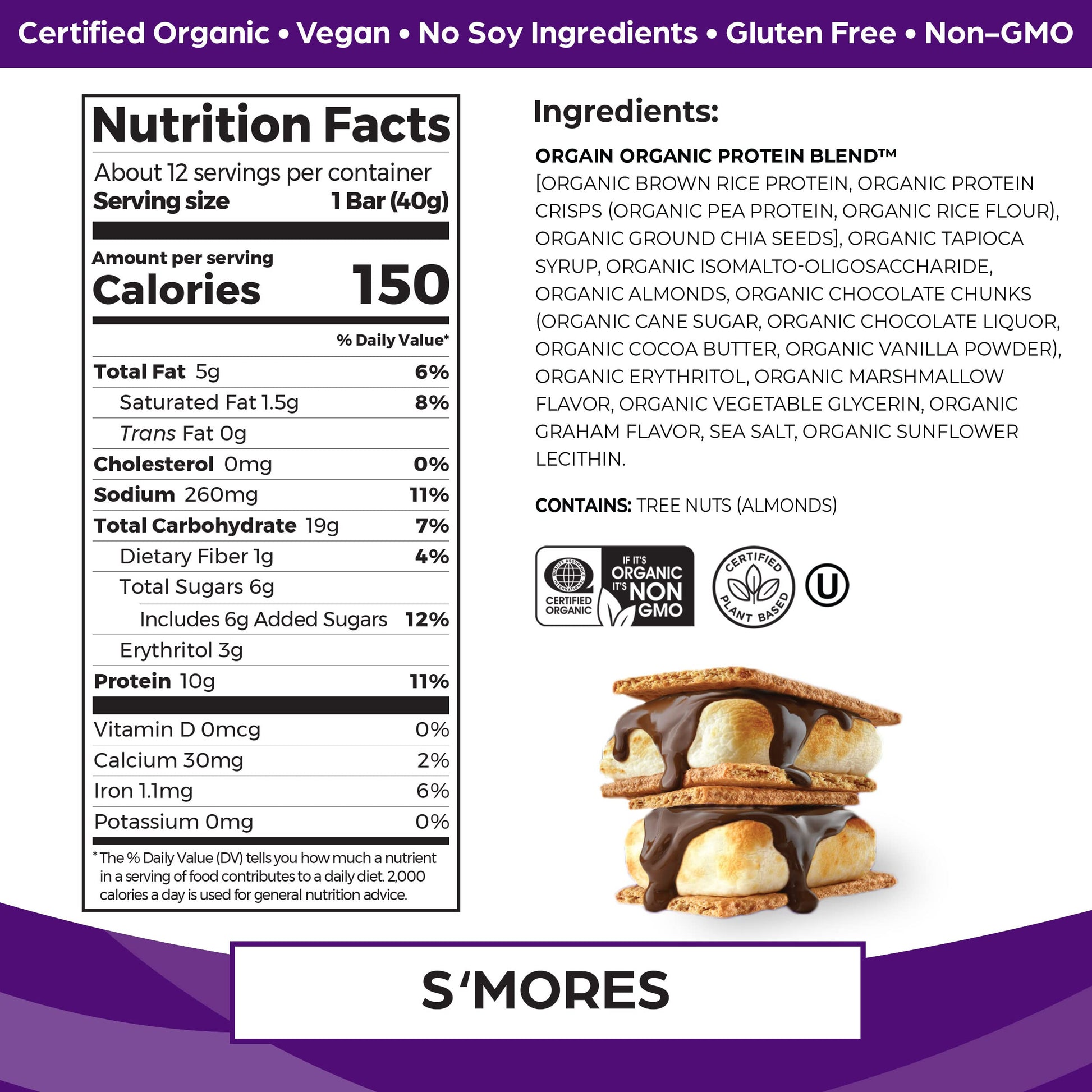 Orgain Organic Vegan Protein Bars, Smores - 10g Plant Based Protein, Gluten Free Snack Orgain buy supplements canada