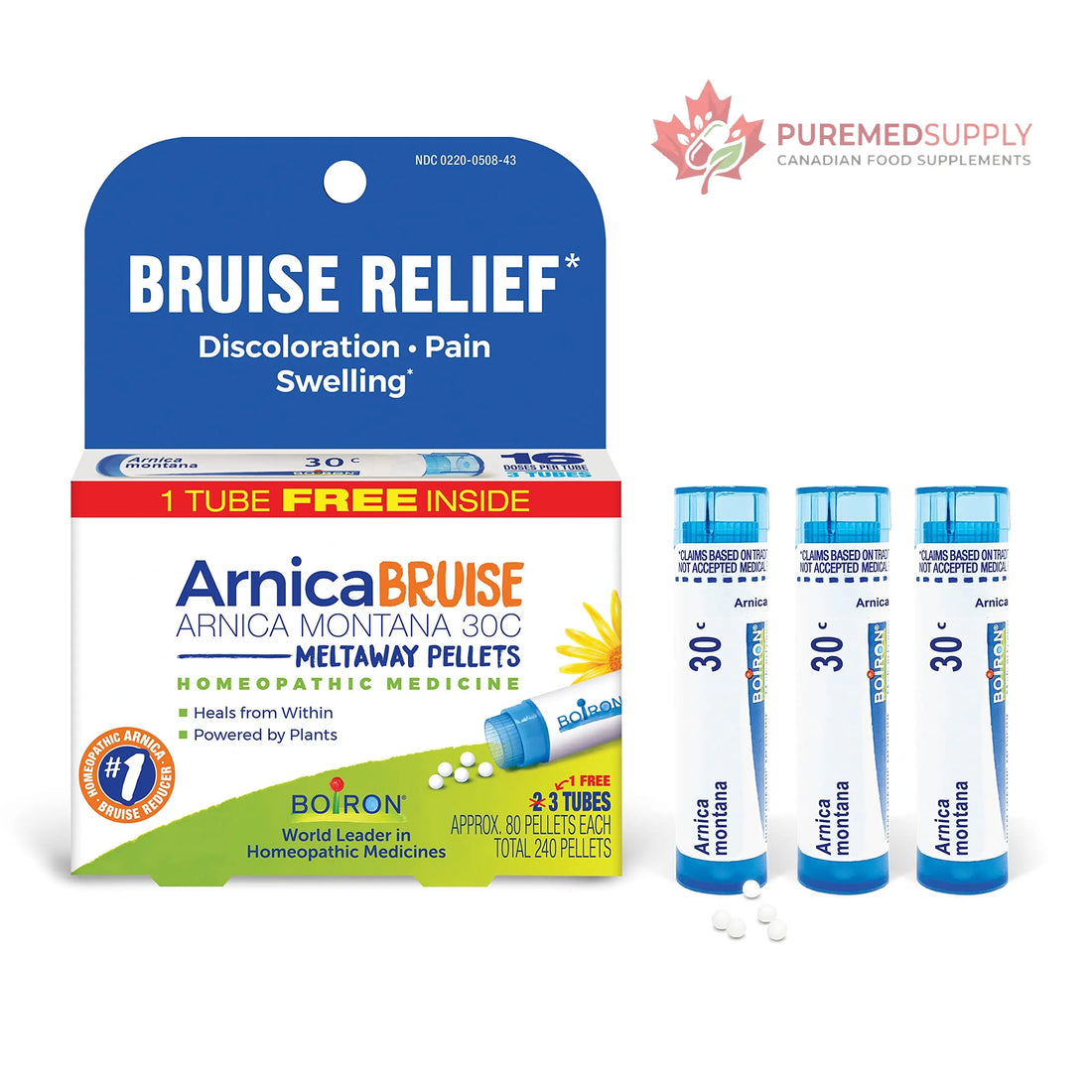 Boiron Arnica Bruise - Arnica Montana 30c for Relief of Pain, Swelling, and Discoloration from Bruises - 3 Count (240 Pellets) Boiron buy supplements canada
