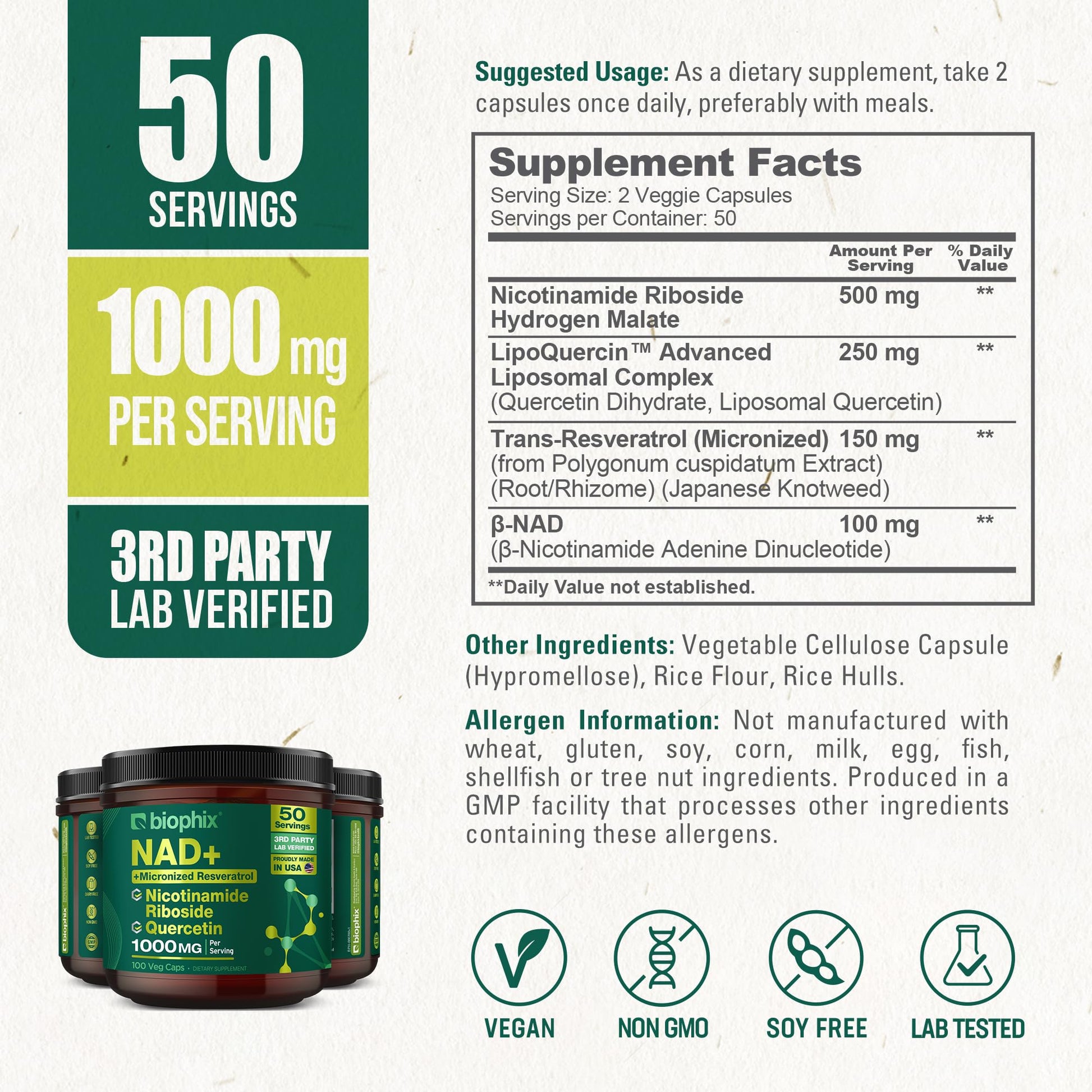 biophix NAD+ Liposomal Supplement for Women & Men - 1000 mg per Serving - Nicotinamide Riboside, Micronized Resveratrol & Quercetin Complex - 100 Veg Capsules - Non-GMO, Gluten-Free, cGMP Certified biophix buy supplements canada