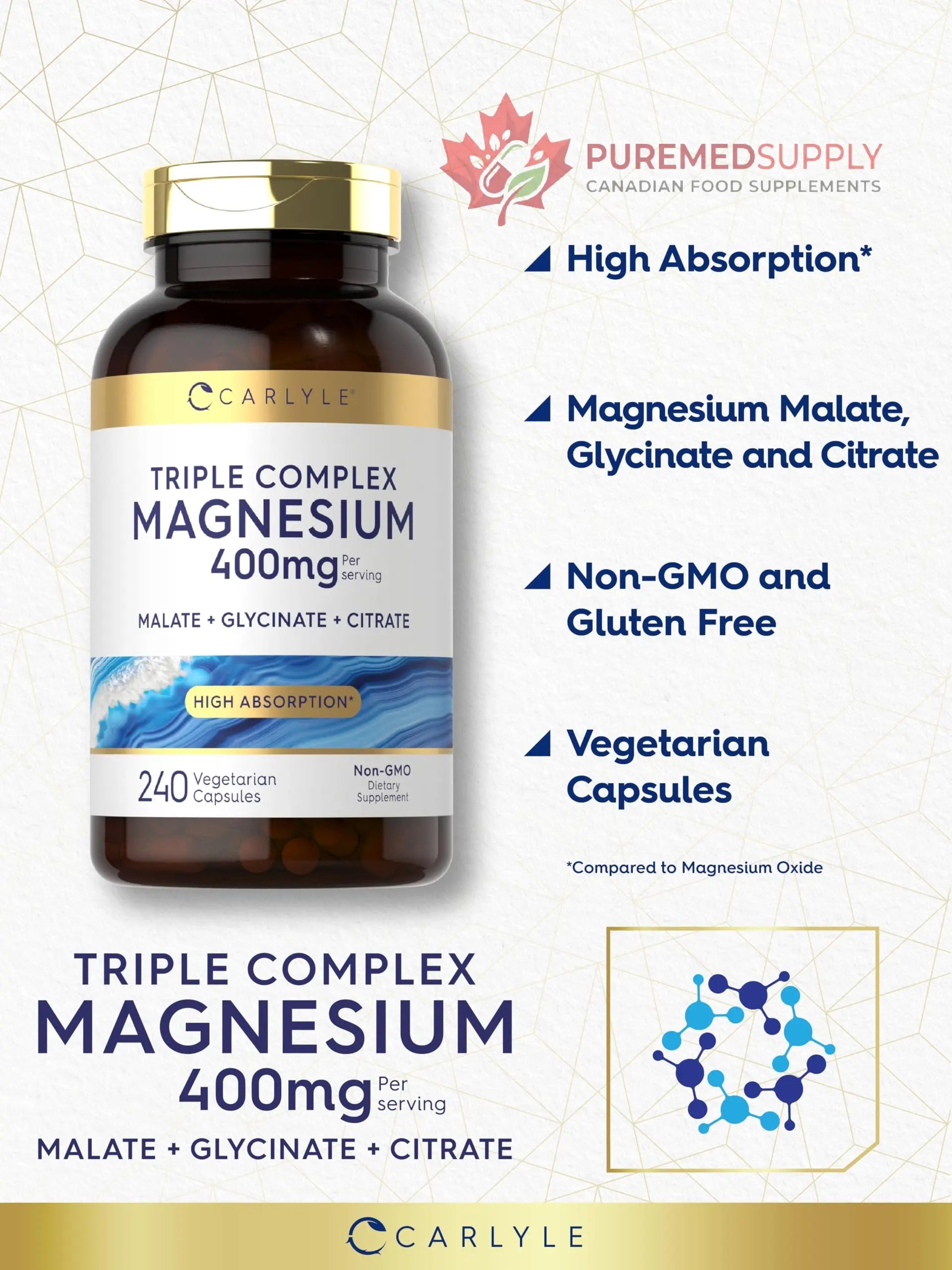 Carlyle Triple Magnesium Complex | 400 mg | 240 Capsules | Magnesium Malate, Glycinate & Citrate | Vegetarian, Non-GMO, and Gluten Free Supplement Carlyle buy supplements canada