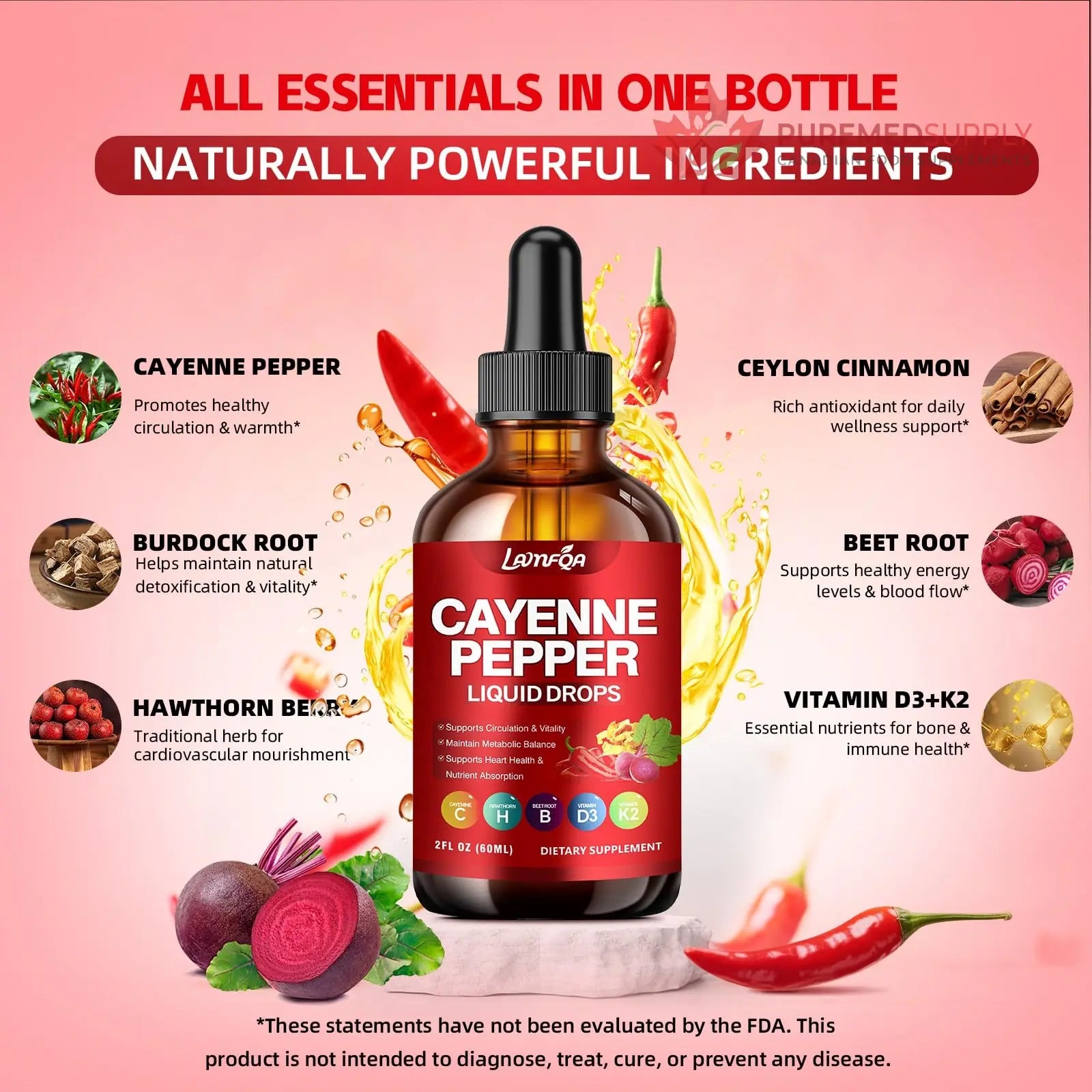 Cayenne Pepper Liquid Drops - Potent Blend with Hawthorn Berry, Turmeric Curcumin, Vitamin D3 K2, Beet Root & Panax Ginseng - Vegan, Non-GMO, High Absorbed Gentle Formula - 2 OZ LAMFQA buy supplements canada