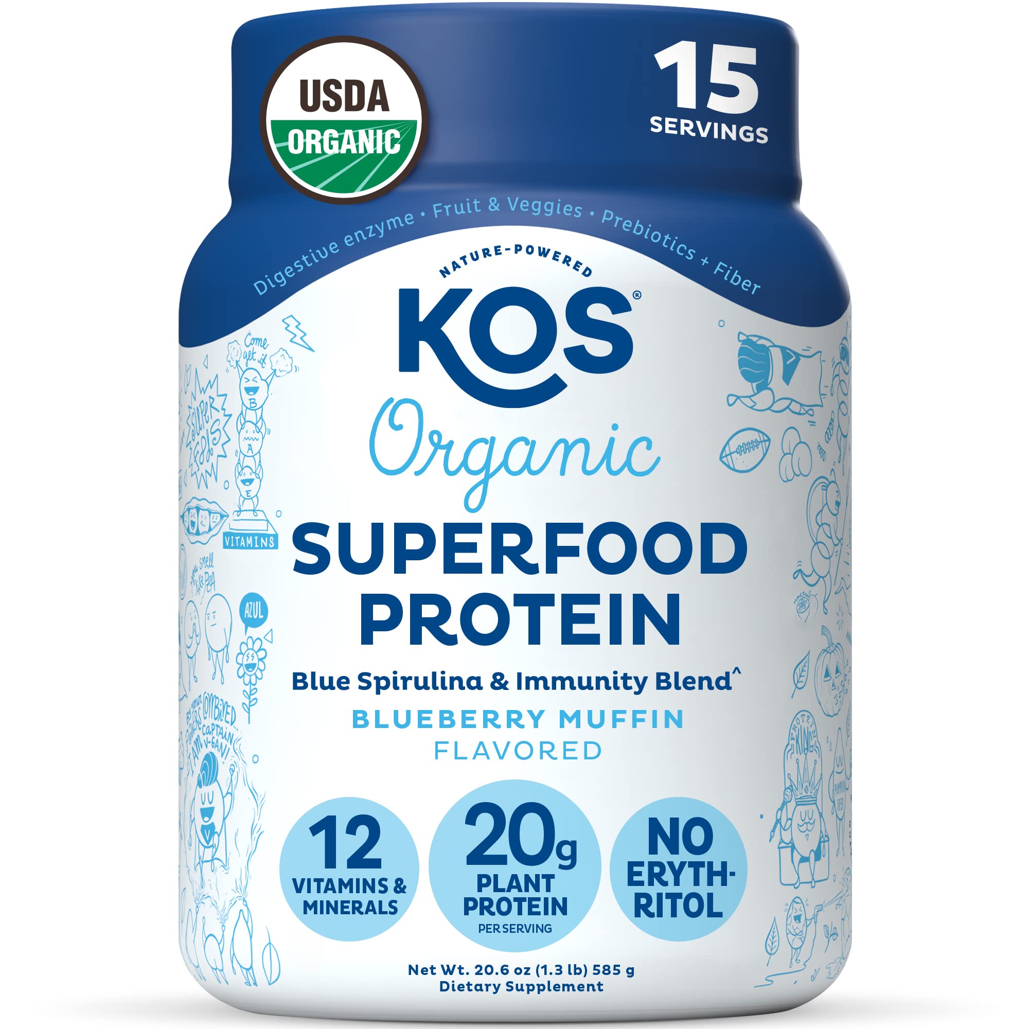 KOS Plant Based Protein Powder, Blueberry Muffin - Organic Pea Protein Superfood KOS buy supplements canada