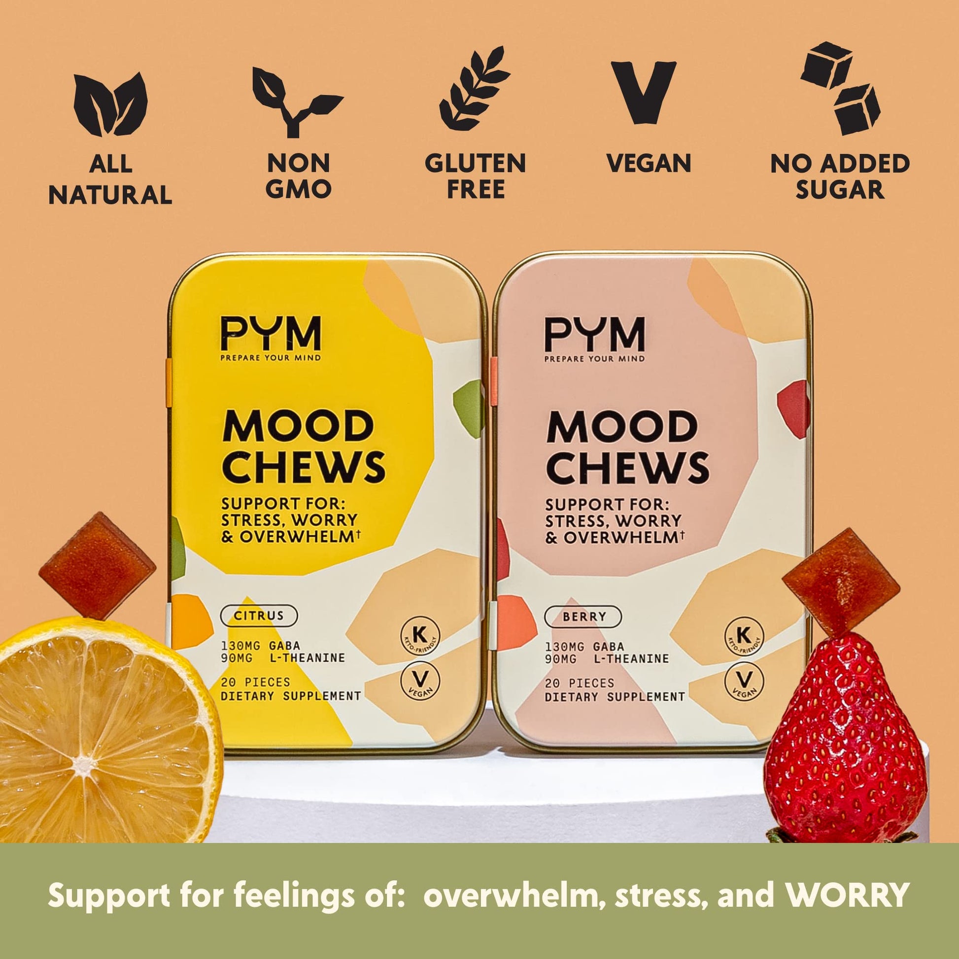 PYM Citrus Mood Chews Support for Stress, Worry & Overwhelm, 120 Count | 130mg GABA, 90mg L-Theanine | Vegan, Non-GMO, Gluten-Free, No Added Sugar | All-Natural Mood Balance Supplement Made in USA PYM Health buy supplements canada