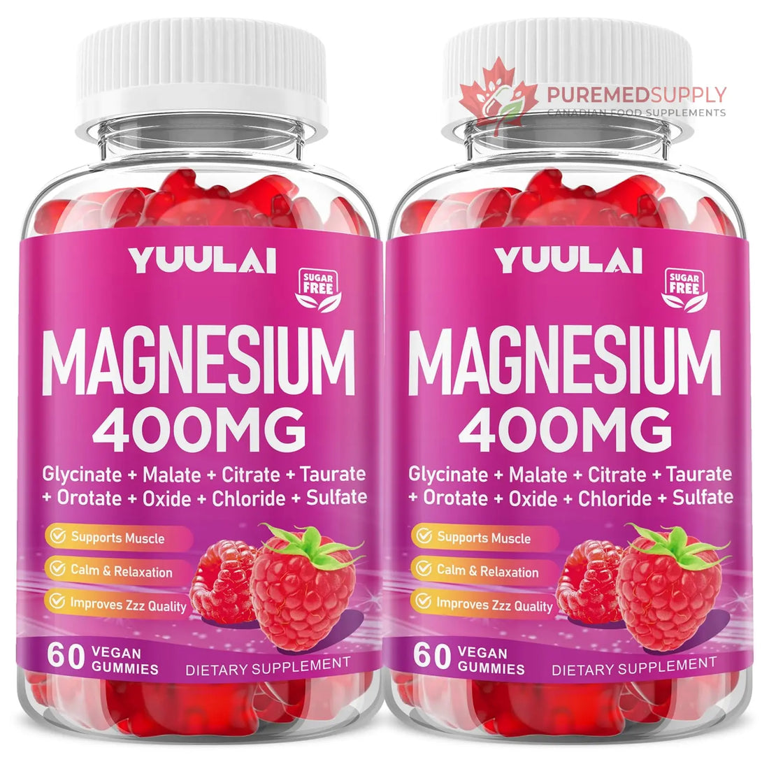 Pack of 2 Magnesium Complex Gummies 400mg, Magnesium Glycinate, Malate, Citrate, Taurate, Oxide & More | w/Ashwagandha Extract, D3 & B12 for Calm, Zzz, Relaxation, Raspberry Flavor, 120 Count YUULAI buy supplements canada