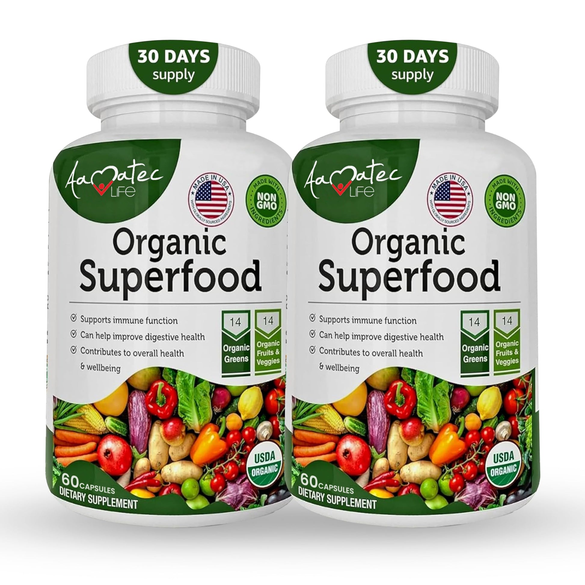 AAMATEC LIFE Organic Superfood Greens Fruits and Veggies Complex - Dietary Supplement with 14 Greens &14 Vegetables with Alfalfa Rich in Antioxidants Organic Ingredients Non-GMO (120 Count Pack of 2) AAMATEC LIFE buy supplements canada