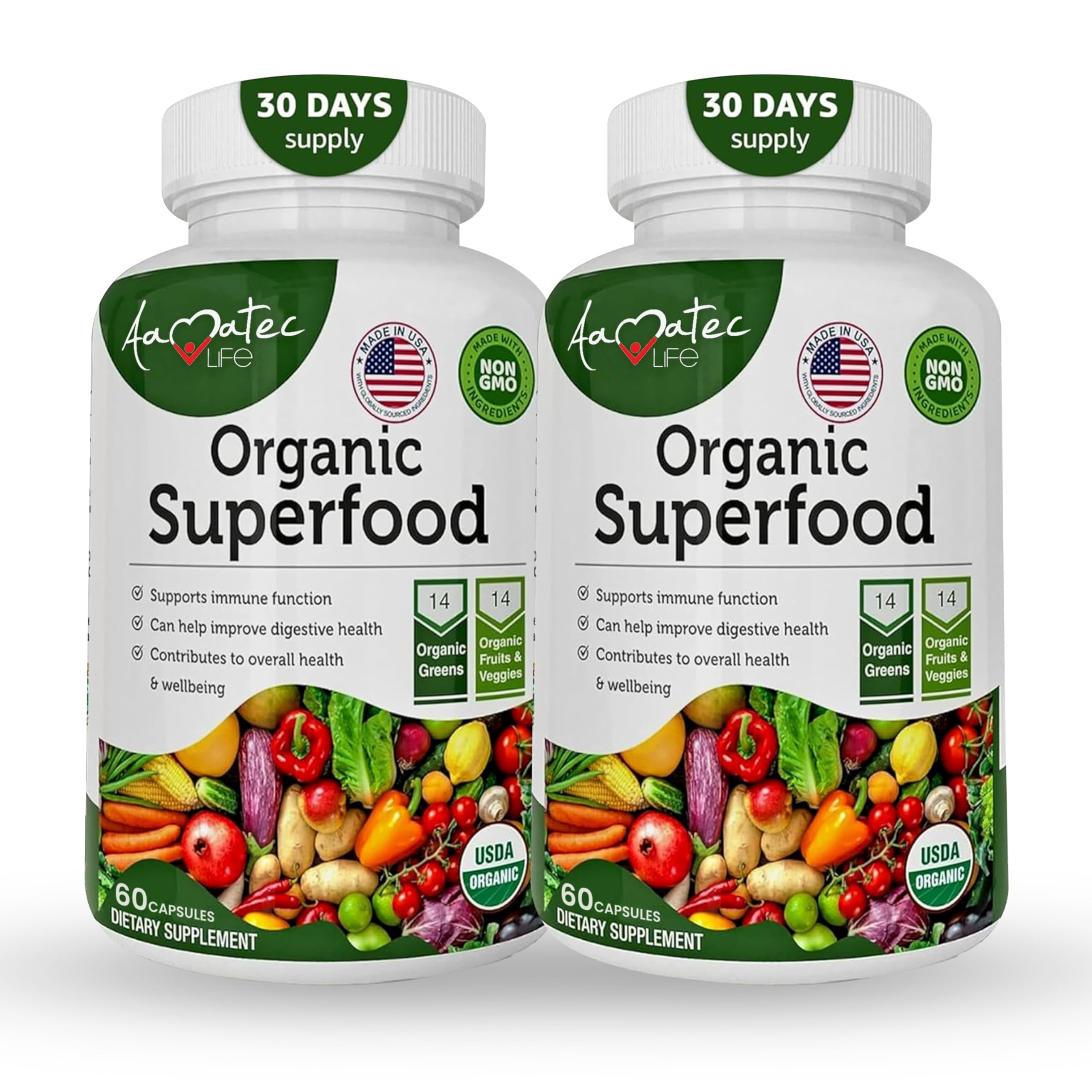 AAMATEC LIFE Organic Superfood Greens Fruits and Veggies Complex - Dietary Supplement with 14 Greens &14 Vegetables with Alfalfa Rich in Antioxidants Organic Ingredients Non-GMO (120 Count Pack of 2) AAMATEC LIFE buy supplements canada