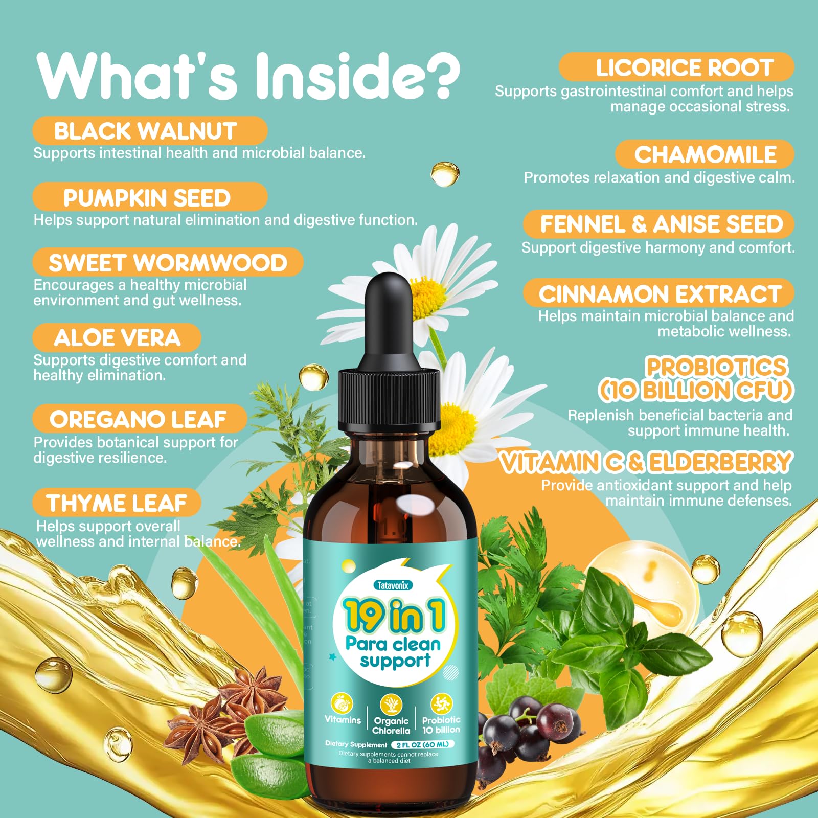Tatavonix 19 in 1 Herbal Gut Cleanse Drops – Wormwood, Black Walnut, Chlorella 250mg, 10B Probiotics, Clove & Oregano – Liquid Detox Support for Adults & Kids, Alcohol-Free, 4oz Tatavonix buy supplements canada
