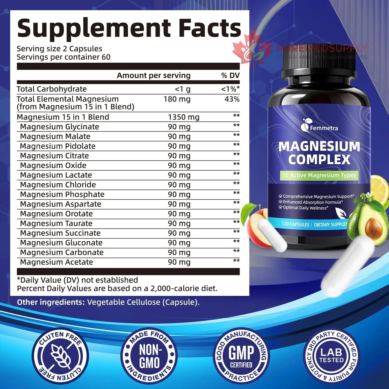 Magnesium Complex for Women Men 1350mg 15 in 1 Pure Magnesium Supplement, with High Absorption Chelated Magnesium Glycinate Citrate Malate & More for Muscle, Heart, Sleep & Bone Support, Vegan 60 Days Femmetra buy supplements canada