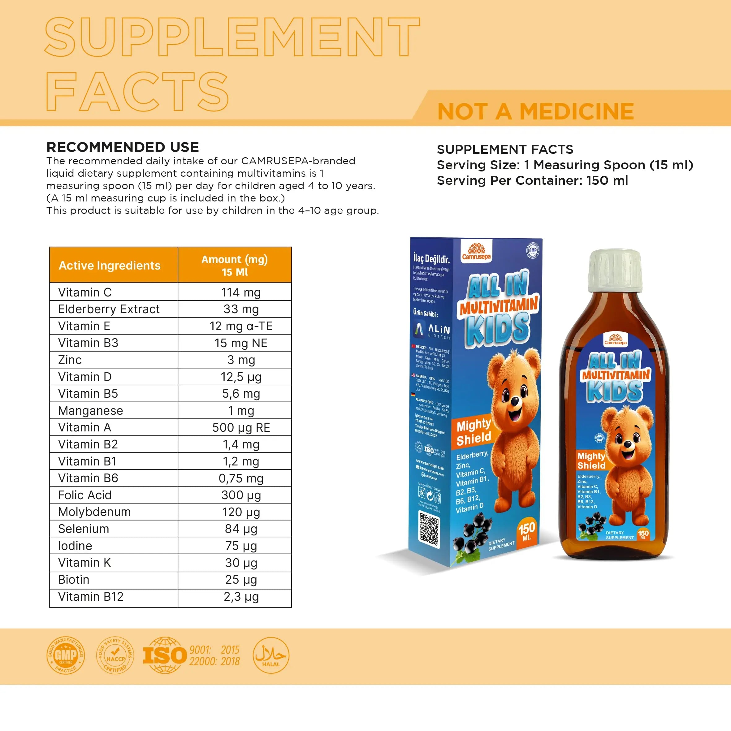 CAMRUSEPA All in Multivitamin Kids Syrup – Black Elderberry Flavored, Inositol, Zinc, Vitamin C, Daily Liquid Multivitamin Camrusepa buy supplements canada