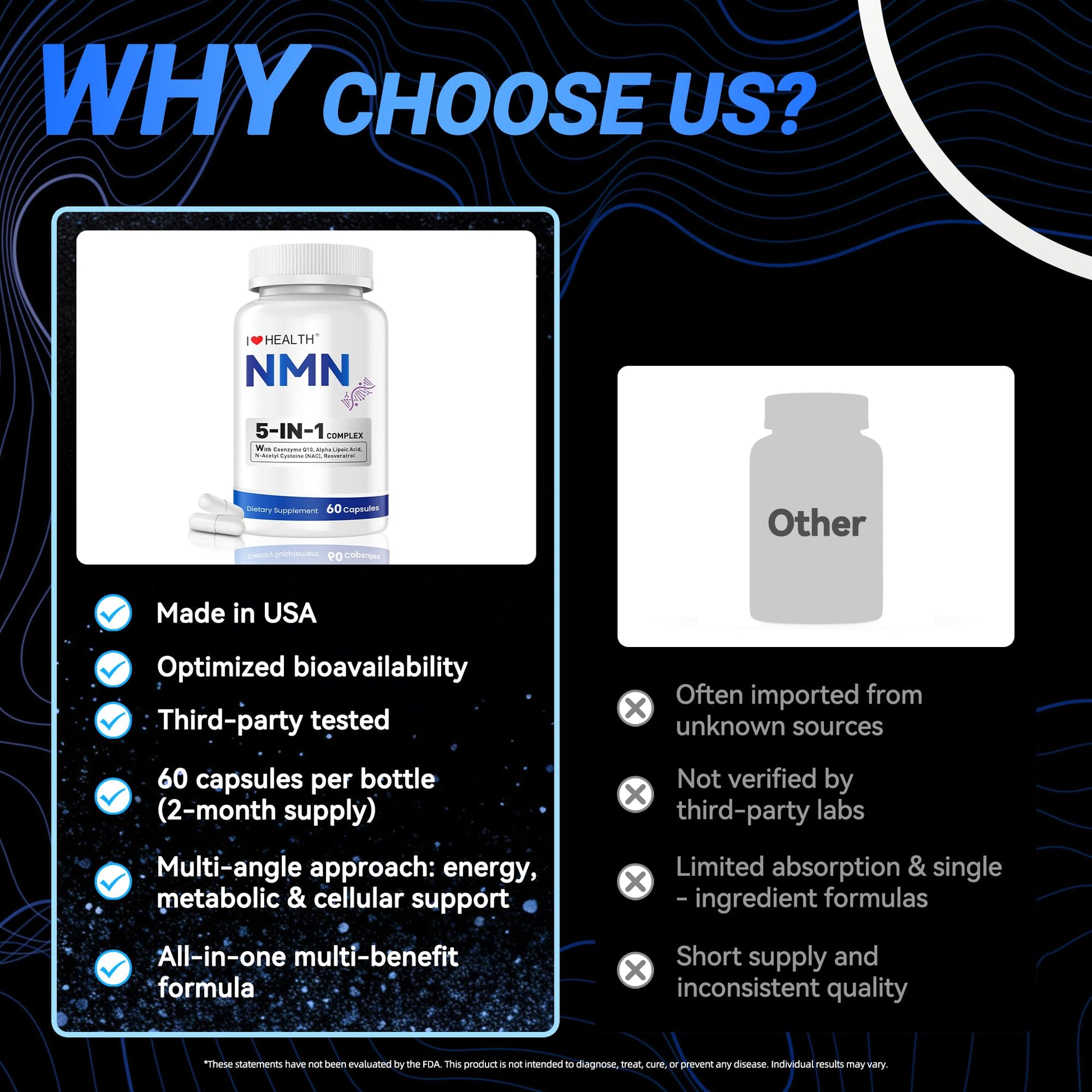 I LOVE HEALTH NMN Supplement, 5-in-1 Complex with NAC, Alpha Lipoic Acid, CoQ10 & Resveratrol - High Absorption Anti Aging Formula - Third Party Tested, cGMP, Gluten Free - 60 Capsules I LOVE HEALTH buy supplements canada