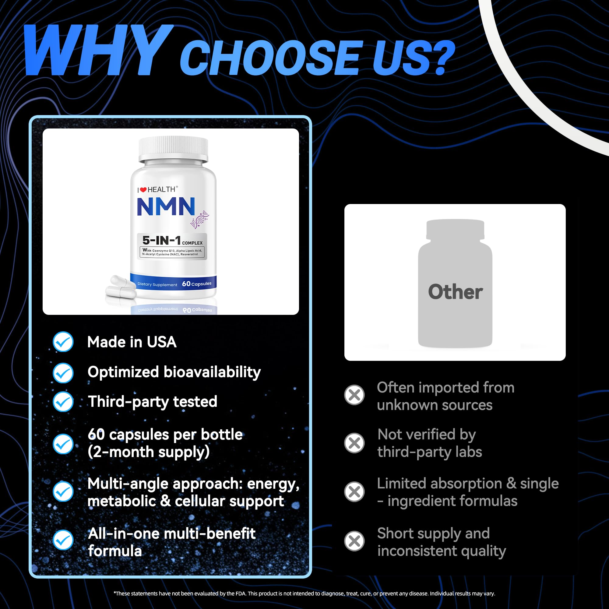 I LOVE HEALTH NMN Supplement, 5-in-1 Complex with NAC, Alpha Lipoic Acid, CoQ10 & Resveratrol - High Absorption Anti Aging Formula - Third Party Tested, cGMP, Gluten Free - 60 Capsules I LOVE HEALTH buy supplements canada