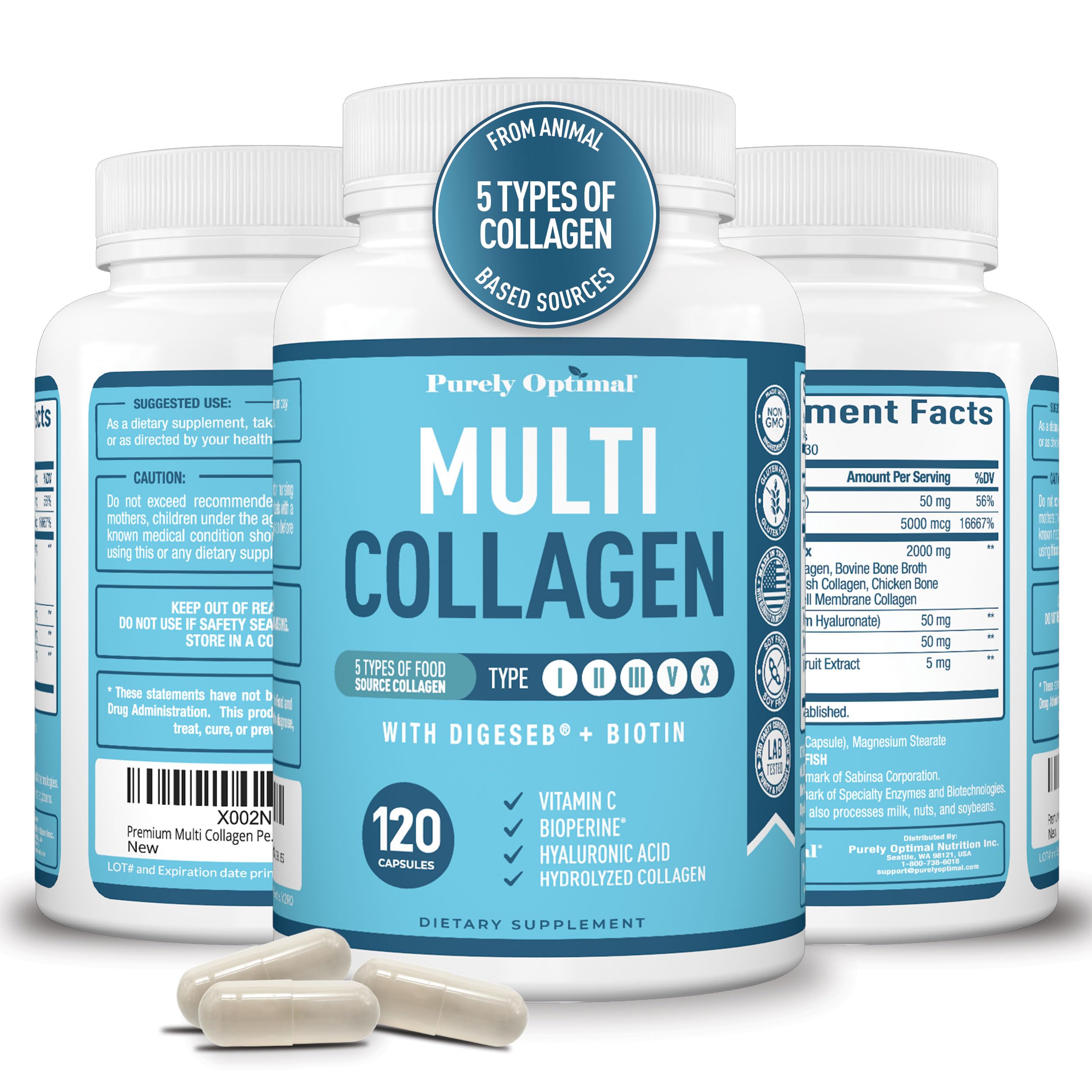 Premium Multi Collagen Peptides (Types I, II, II, V, X) - Collagen Pills for Skin Care, Hair Growth, Nails & Joints - Vitamin C, Hyaluronic Acid Purely Optimal buy supplements canada