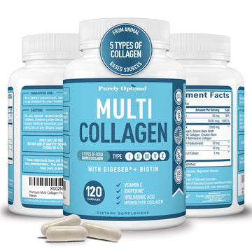 Premium Multi Collagen Peptides (Types I, II, II, V, X) - Collagen Pills for Skin Care, Hair Growth, Nails & Joints - Vitamin C, Hyaluronic Acid Purely Optimal buy supplements canada