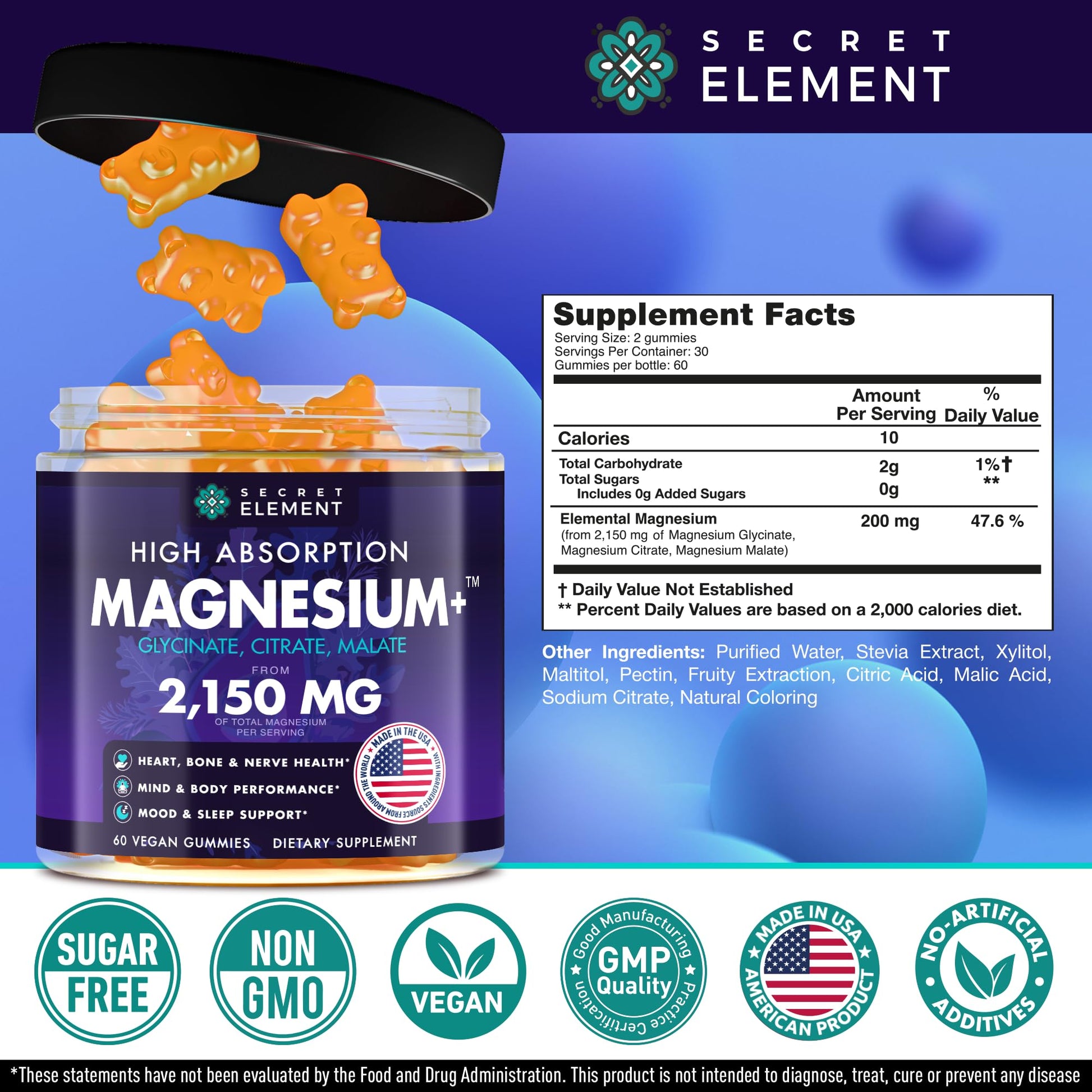 Magnesium Glycinate 2150MG Gummies for Women and Men, High Absorption Magnesium Glycinate, Citrate, Malate, Sugar Free, Vegan, 60 Chews, Pack of 2, Orange Secret Element buy supplements canada