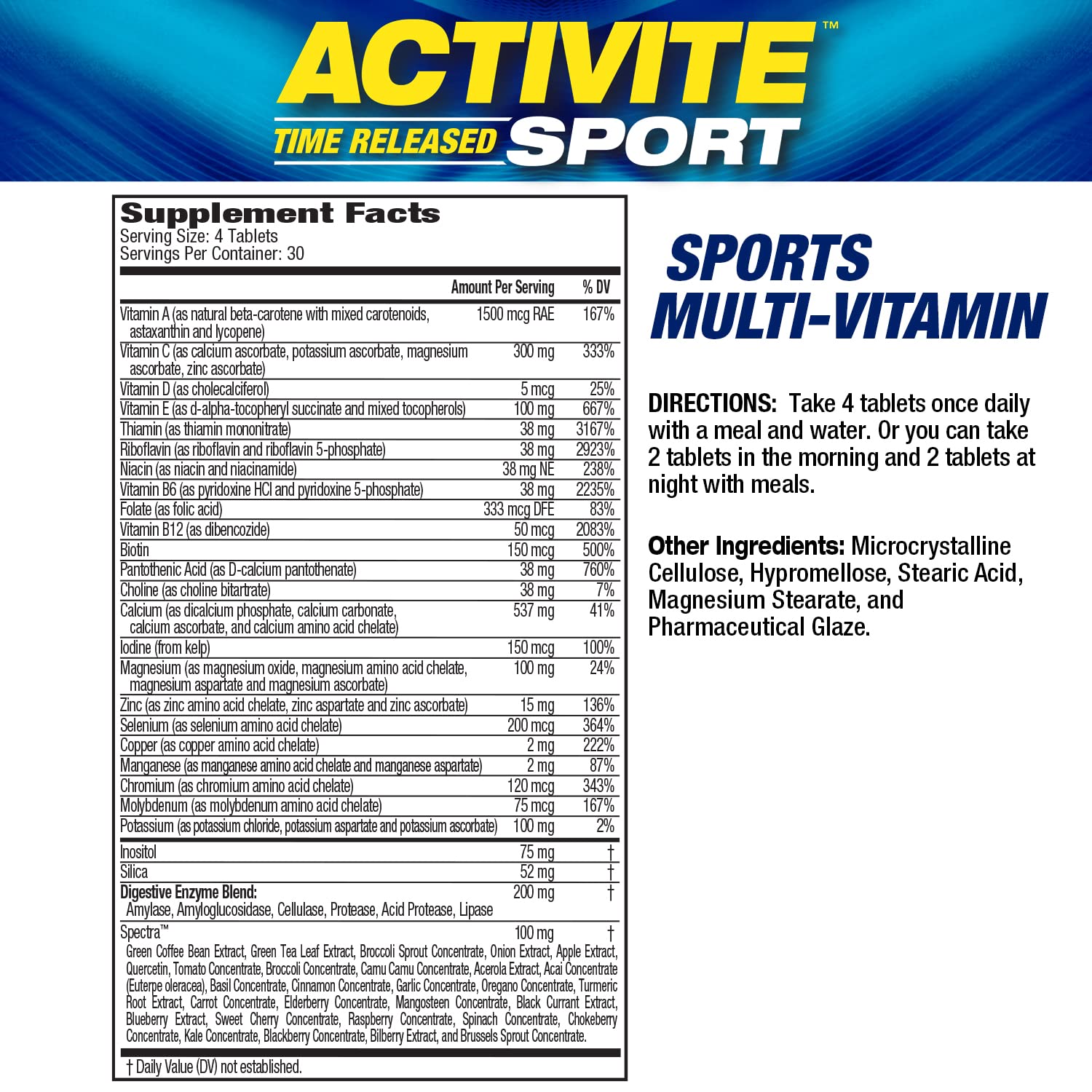 MHP Activite Sport Multi Vitamin, 25 Vitamins and Minerals, Nitric Oxide Booster, Digestive Enzymes, Antioxidants, 120 Tablets Maximum Human Performance buy supplements canada