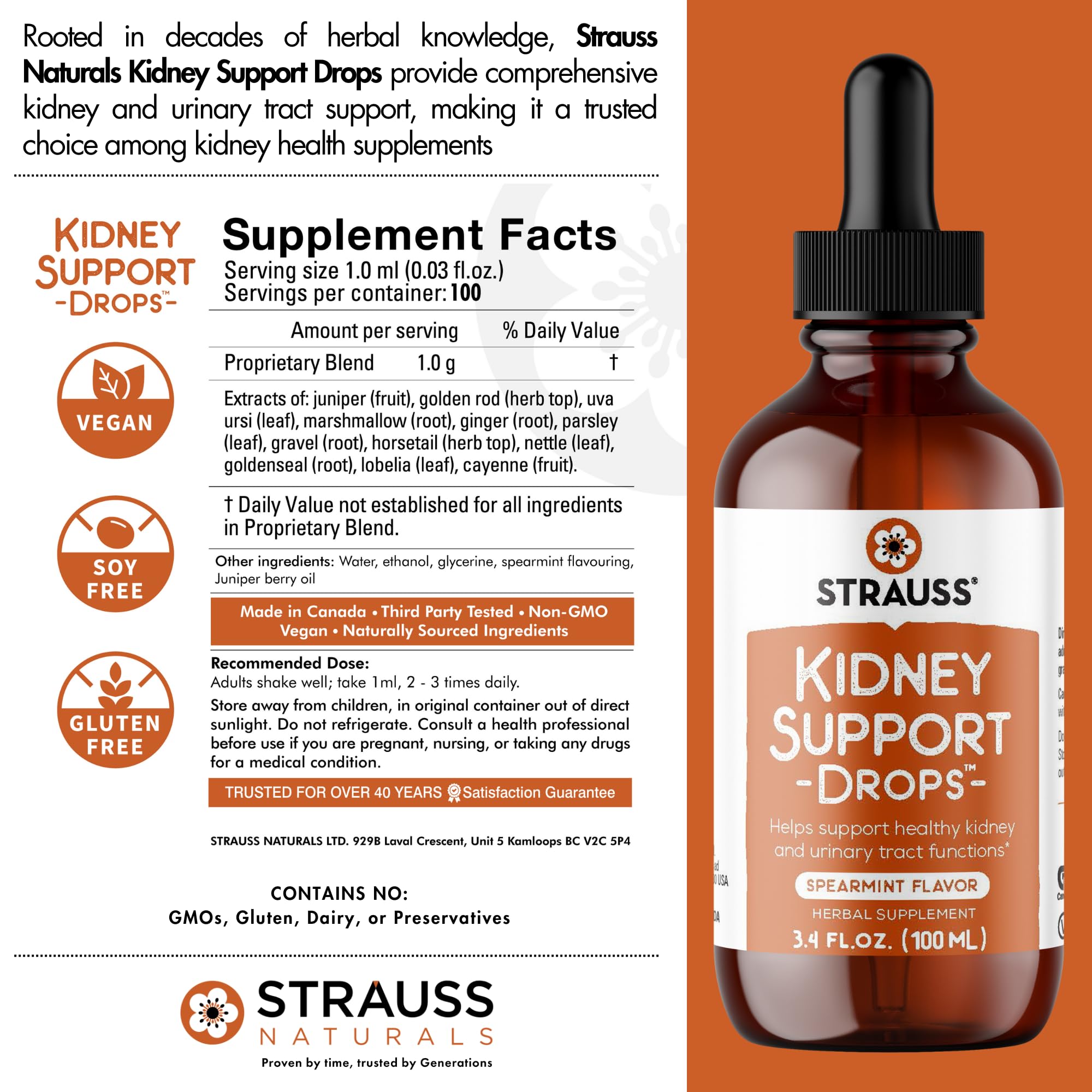 Strauss Naturals Kidney Support Drops – Herbal Kidney Support Supplement for Men and Women – Helps with Kidney Health and Urinary Tract Function – Vegan & Non-GMO – Spearmint Flavored – 100 ml Bottle Strauss Heartdrops buy supplements canada