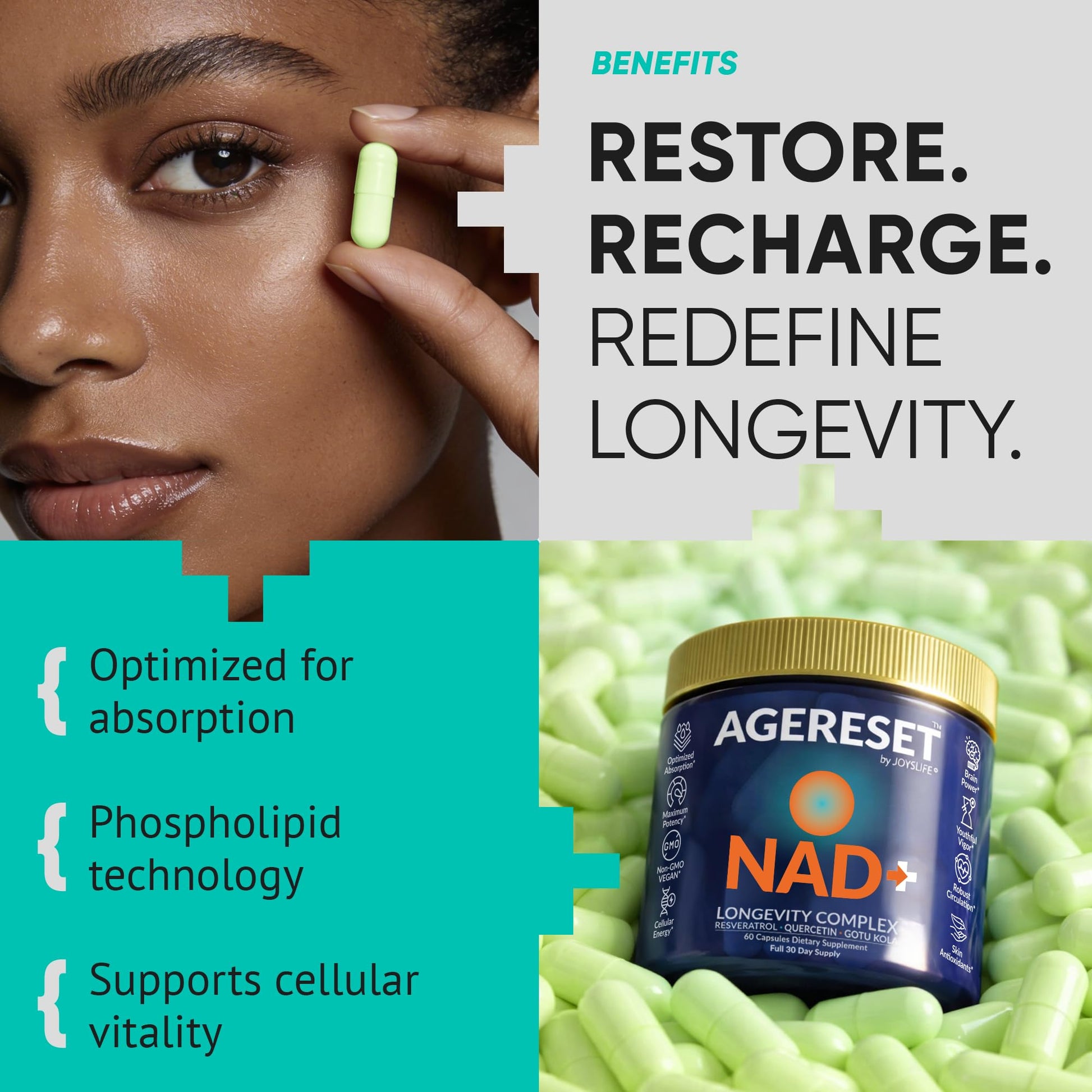 JoysLife AGERESET NAD Supplement NMN Alternative Liposomal + Gotu Kola for Women & Men w/Resveratrol, Quercetin, Gotu Kola JoysLife buy supplements canada