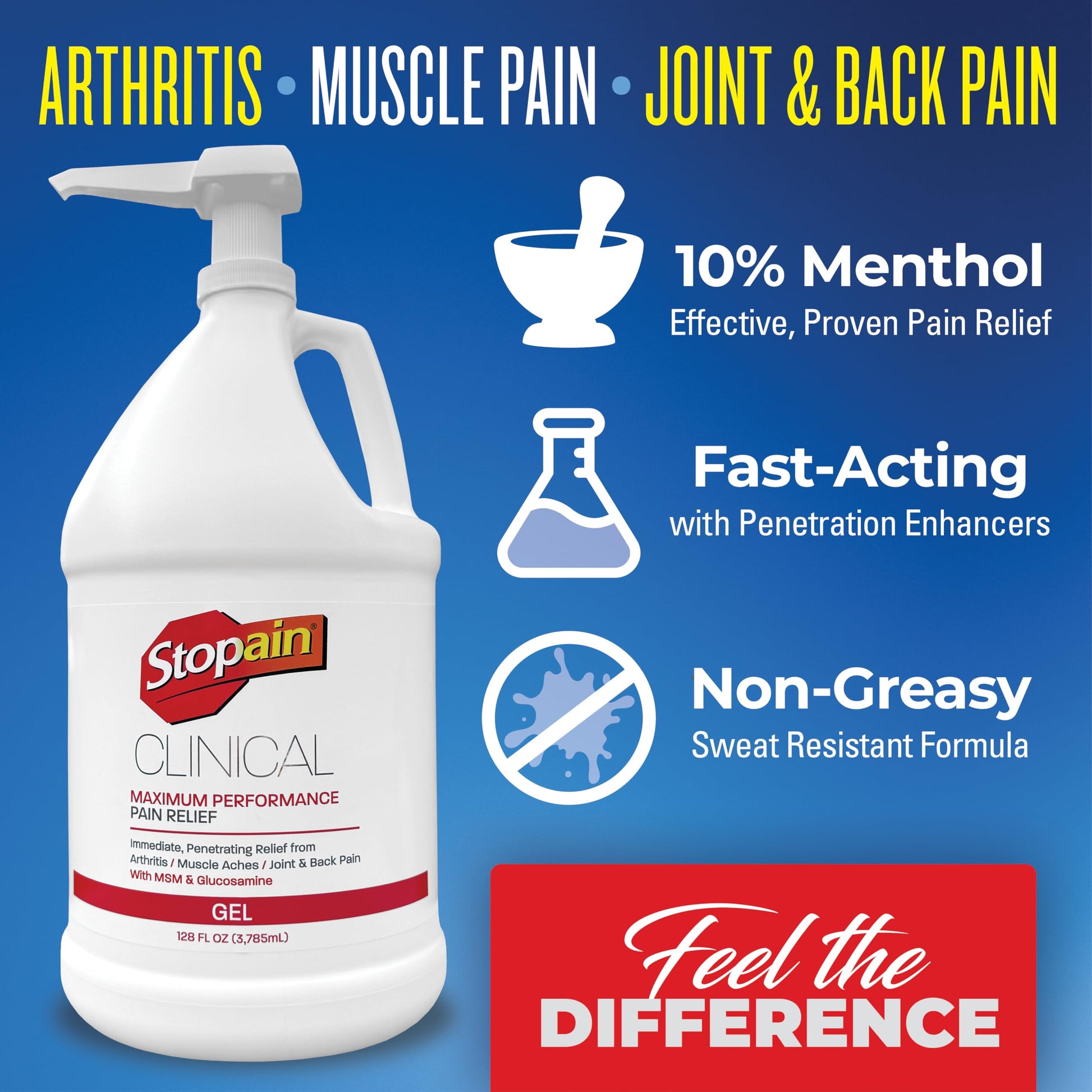 Stopain Clinical Pain Relief Gel 1 Gallon - Professional Formula for Arthritis, Knee, Back & Muscle Pain - Maximum Strength Gel for Joint & Nerve Pains with 10% Menthol Plus Glucosamine - Made in USA Stopain buy supplements canada