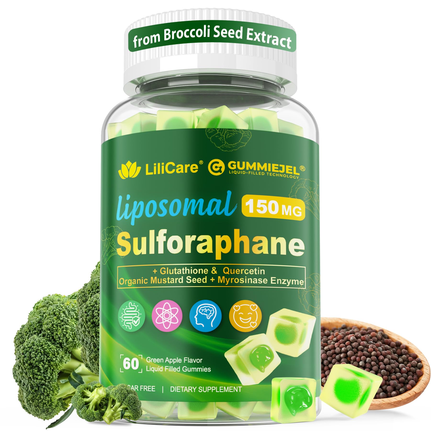Liposomal Sulforaphane Supplement 150mg, from Broccoli Seed Extract w/Myrosinase, Quercetin, Glutathione, Sulforaphane Supplement Gummies for Antioxidants Detox Cellular Brain Health, Chewable 60Cts LILICARE buy supplements canada