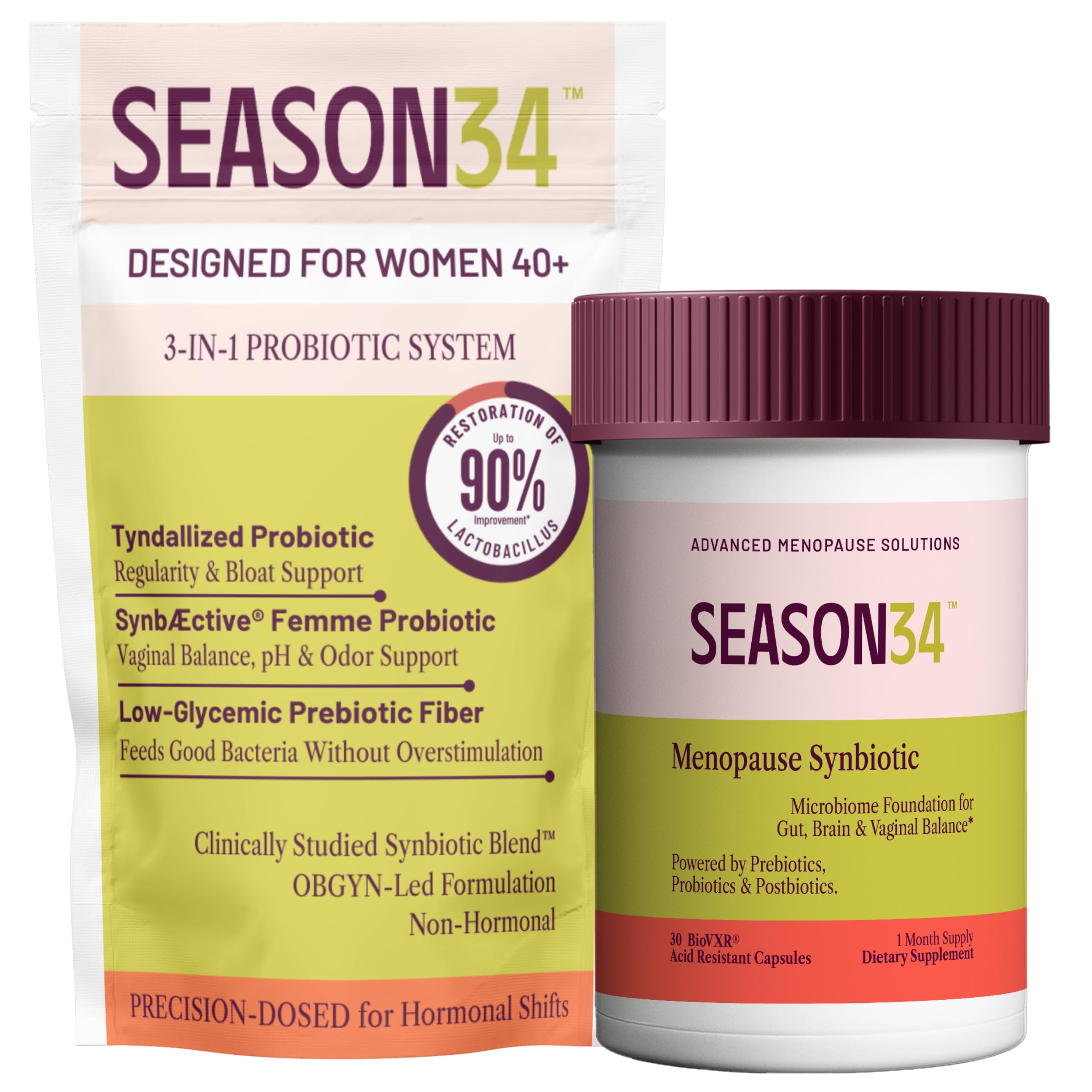 SEASON34 3-in-1 Menopause Probiotic for Women 40+ | Vaginal Care, pH, Odor & Intimate Comfort + Skin, Gut & Bloat Support | with Prebiotic Fiber & Postbiotics | 30 Capsules, 1 Month Supply SEASON34 buy supplements canada
