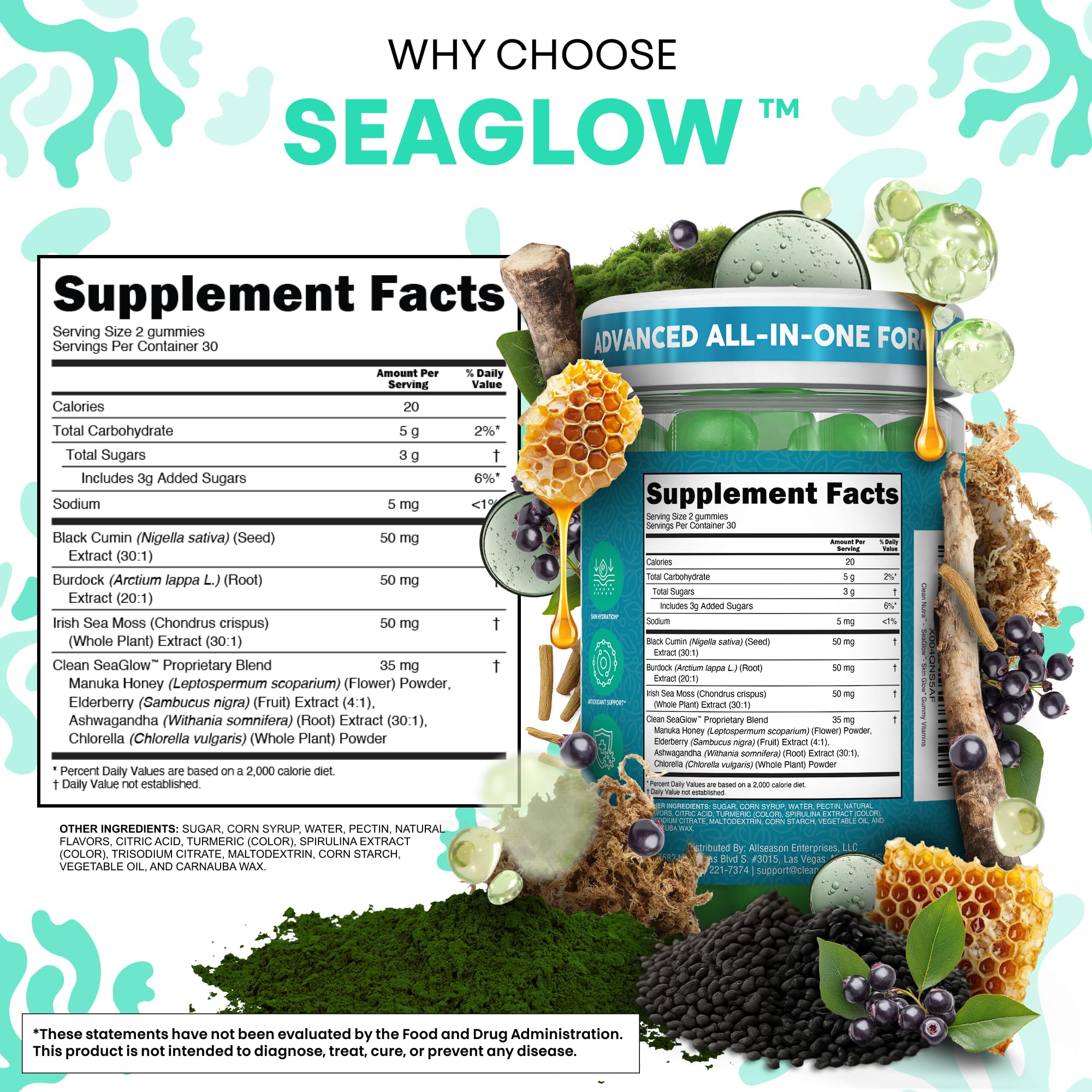 Clean Nutra Sea Moss Gummies Black Seed Oil Chlorella Ashwagandha Root Hair Growth Skin Glow Irish Sea Moss Elderberry Burdock Manuka Honey Trace Minerals Detox 60 Gummy Vitamins Sea Glow Supplement Clean Nutraceuticals buy supplements canada