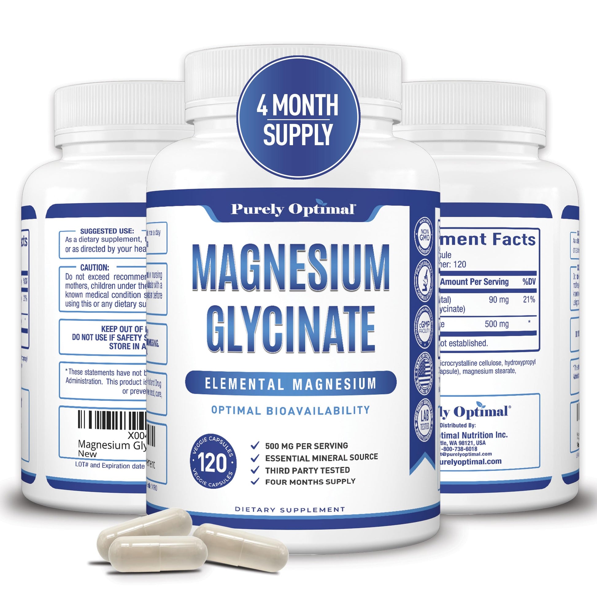 Purely Optimal Magnesium Glycinate 500mg – Sleep Support & Stress Relief – Gentle, High Absorption Magnesium Supplement for Muscle Relaxation, Calm & Nerve Support – 120 Capsules Purely Optimal buy supplements canada