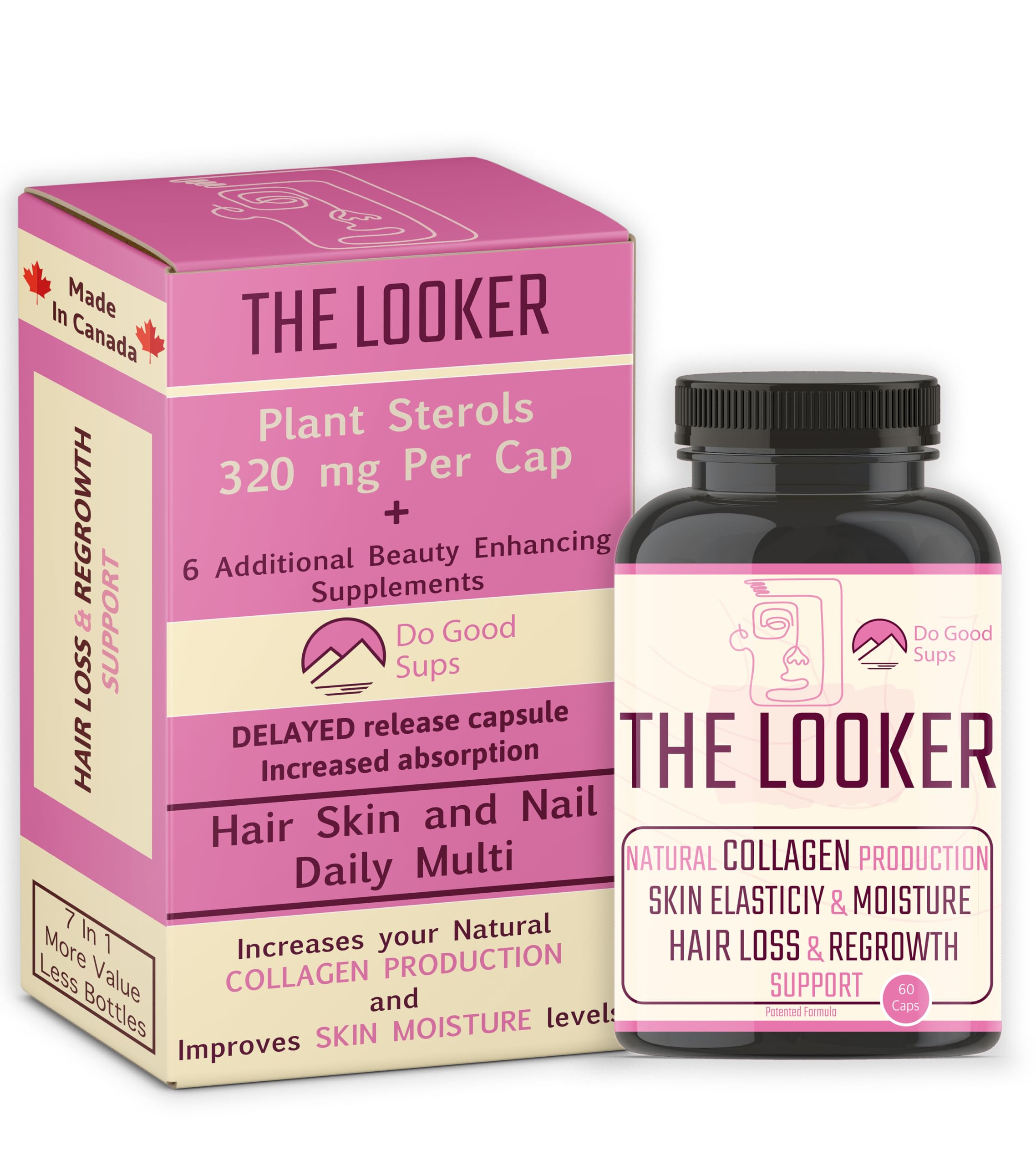 Do Good Sups The Looker 60 Caps- Skin Hair and Nails Vitamins - Natural Collagen Production - Reduces Hair Thinning - Skin Elasticity - Skin Moisture - Plant Sterols Bromelain Zinc Vitamin E Selenium Do Good Sups buy supplements canada