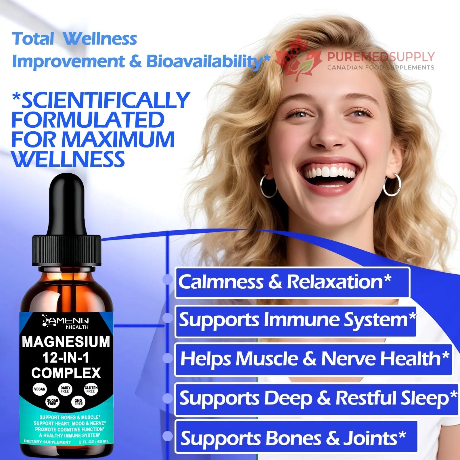 Magnesium 12 in 1 Complex Liquid Drops Magnesium Supplement w. Glycinate Citrate Malate Taurate Oxide Aspartate Orotate, Calm Magnesium for Sleep Muscle Heart Support丨Max Absorption Liquid Formula AMENQ hHEALTH buy supplements canada