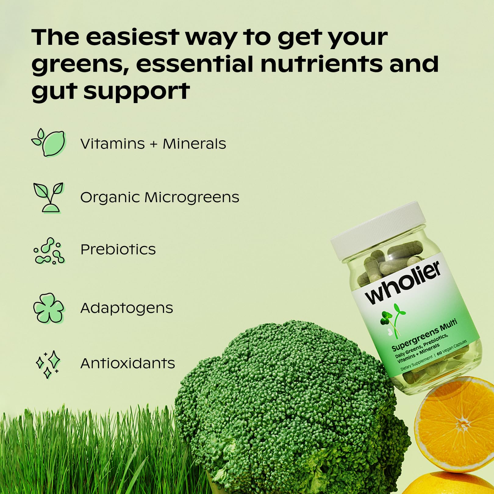 wholier Supergreens Multi, Daily Greens, Vegan Multivitamin for Women + Men, Whole Food Vitamins + Minerals, Prebiotics for Gut Health, Adaptogens (60 Vegan Capsules) Glass Bottle wholier buy supplements canada