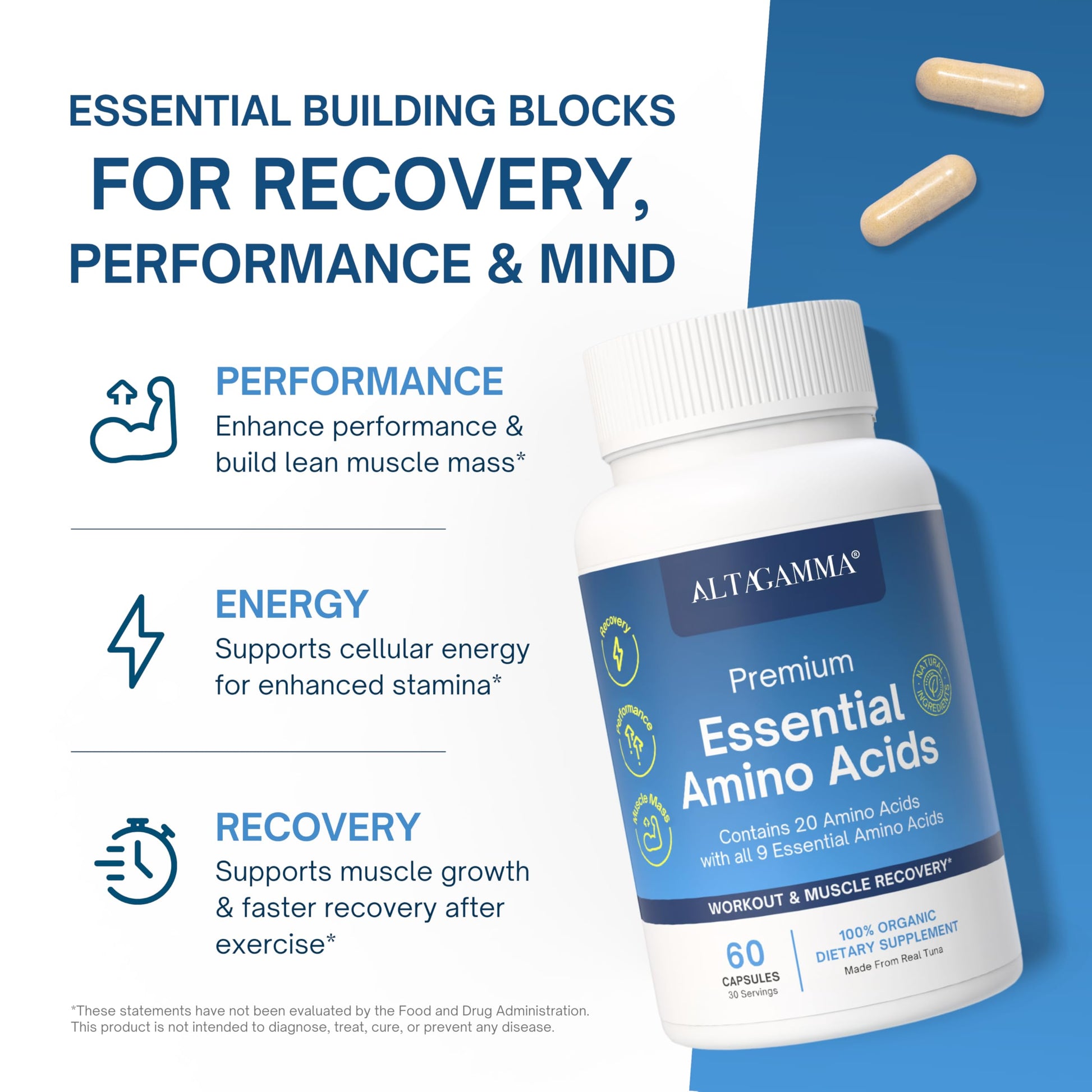ALTAGAMMA Pure Amino Acids Complex - Protein for Pre/Post Workout, Energy & Muscle Recovery - 9 Essential Amino Acids Supplement (EAA) & BCAAs - Leucine, Lysine, L Tyrosine, L Arginine, 60 Capsules ALTAGAMMA buy supplements canada
