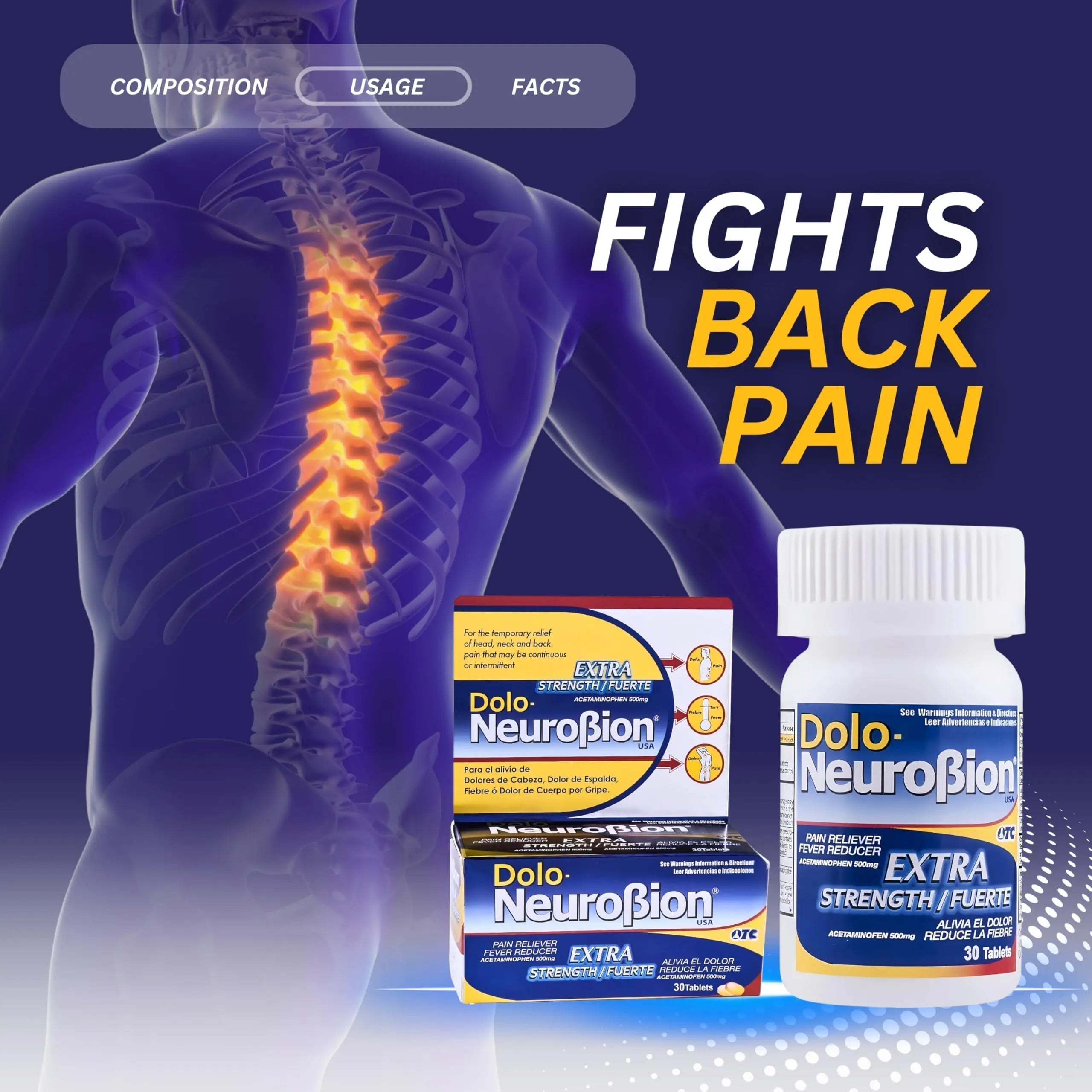 Dolo Neurobion 30 Tablets - Pain Reliever, Fever Reducer, Extra Strength, Fuerte, Alivia el Dolor, Reduce la Fiebre Neurobion buy supplements canada