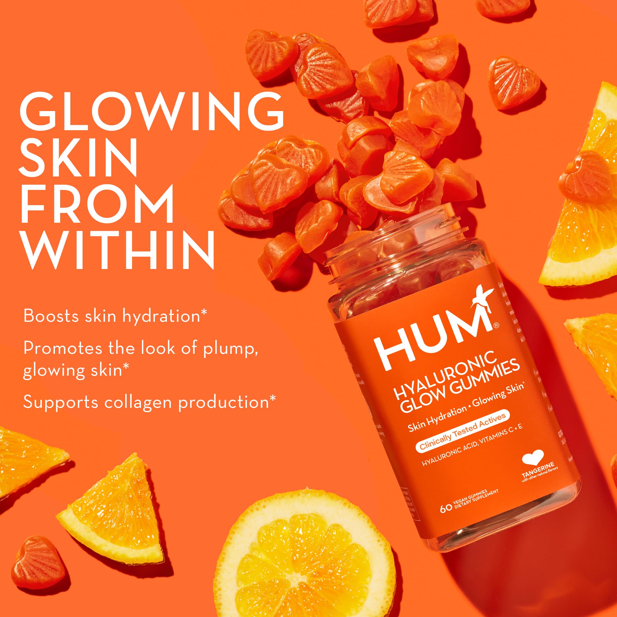 HUM Hyaluronic Glow Hydrating Skin Care Supplement, with Low Molecular Hyaluronic Acid, Vitamin C from Amla Fruit, and Vitamin E, Antioxidant Support for Skin Hydration, Tangerine, 60 Vegan Gummies HUM buy supplements canada