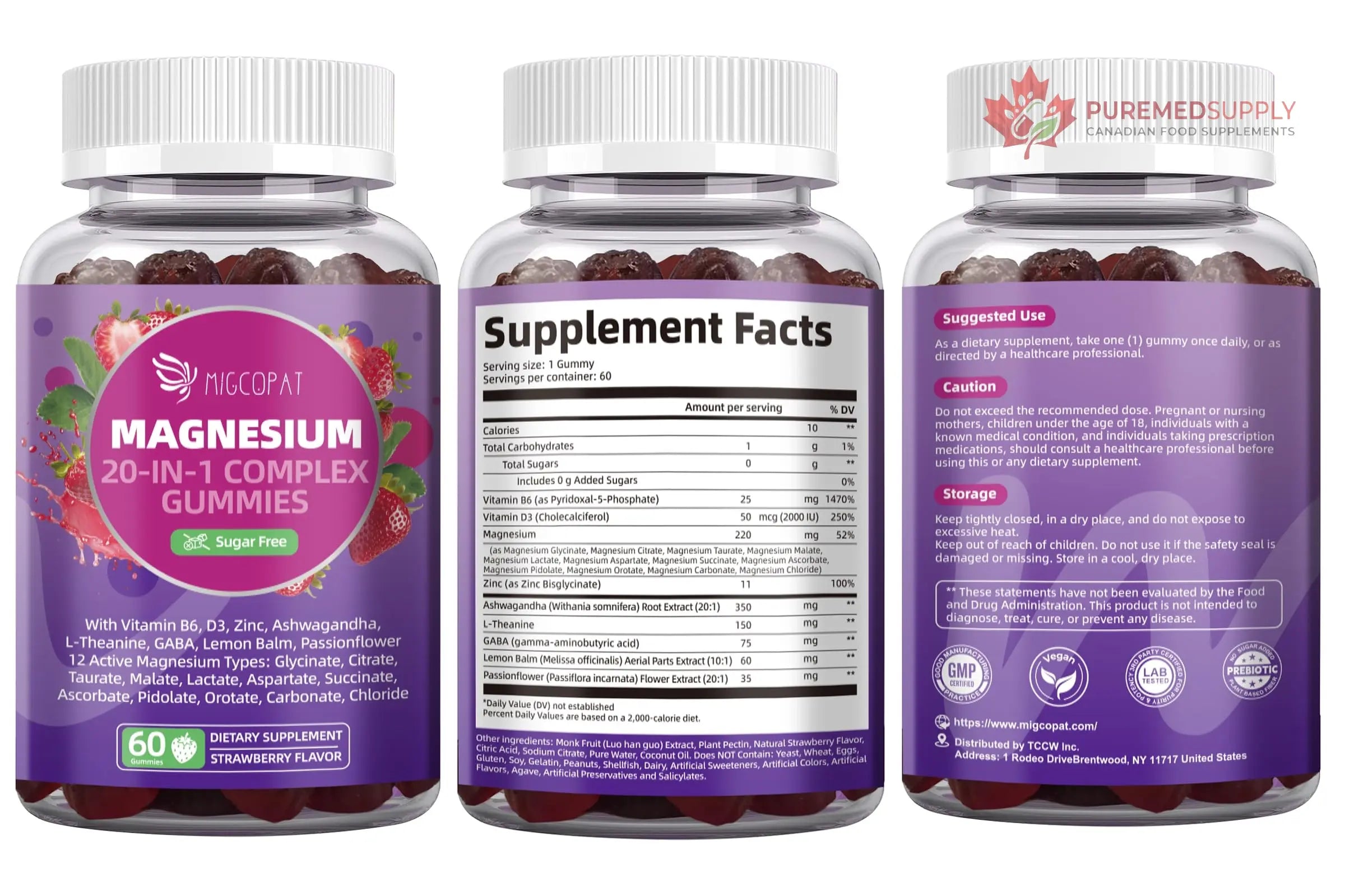 Migcopat Magnesium Complex Gummies, 20 in 1 Magnesium Gummy with Glycinate Citrate Malate Taurate - Ashwagandha, L-Theanine, D3&Zinc for Relaxation, Sleep, Muscle&Heart Support, Strawberry, 60 Cts Migcopat buy supplements canada