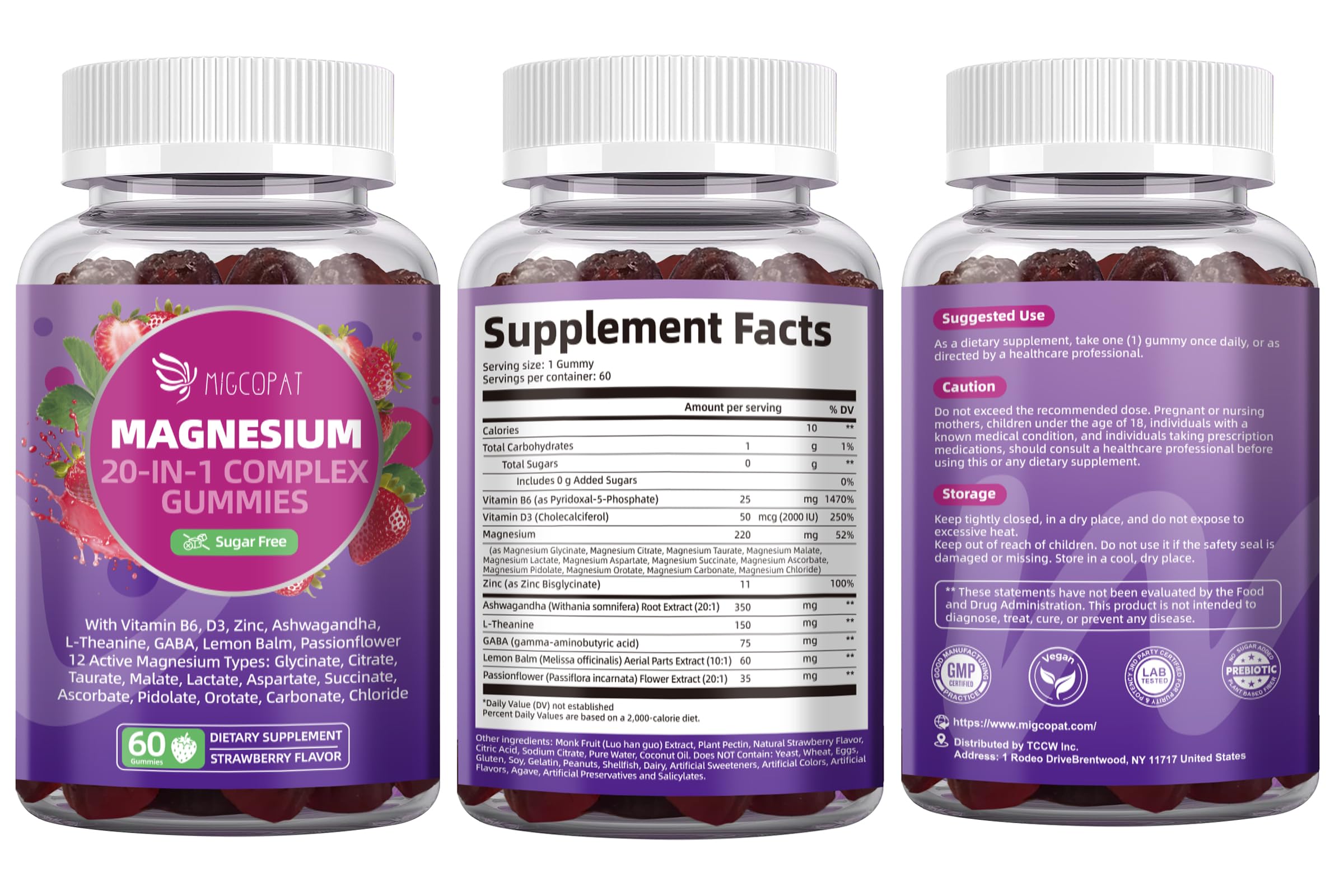 Migcopat Magnesium Complex Gummies, 20 in 1 Magnesium Gummy with Glycinate Citrate Malate Taurate - Ashwagandha, L-Theanine, D3&Zinc for Relaxation, Migcopat buy supplements canada