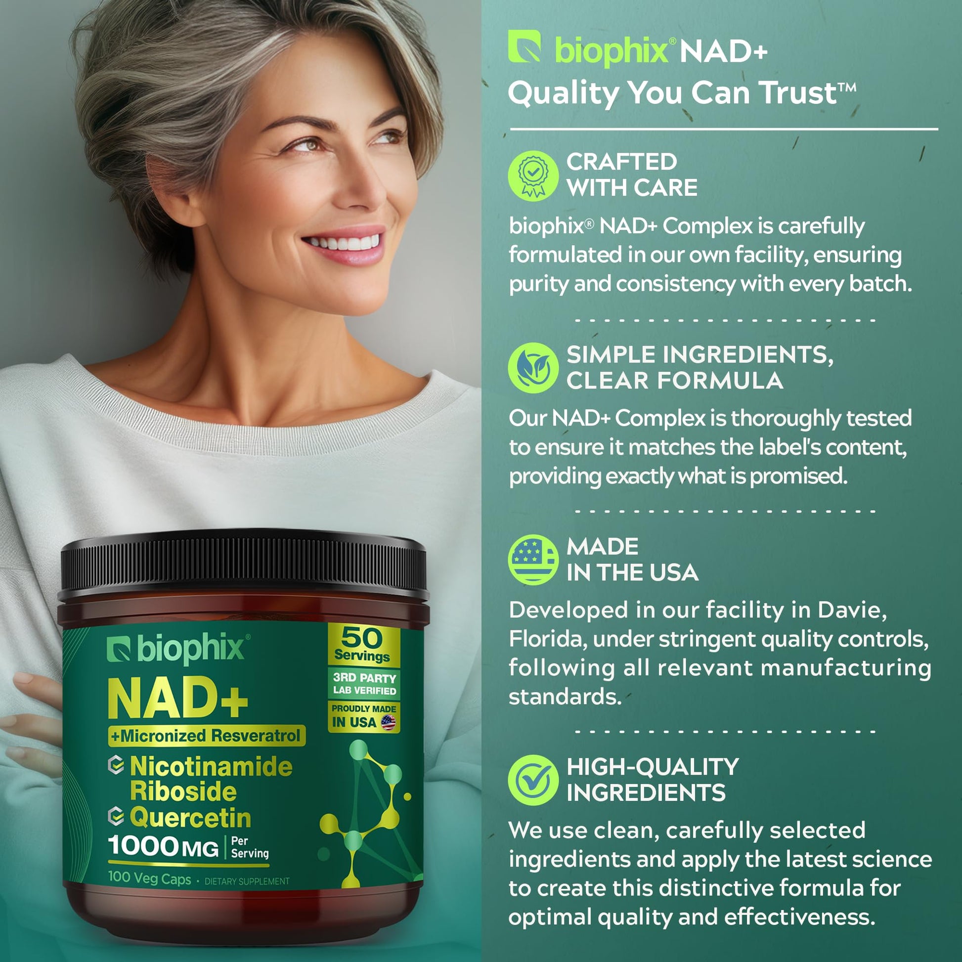 biophix NAD+ Liposomal Supplement for Women & Men - 1000 mg per Serving - Nicotinamide Riboside, Micronized Resveratrol & Quercetin Complex - 100 Veg Capsules - Non-GMO, Gluten-Free, cGMP Certified biophix buy supplements canada
