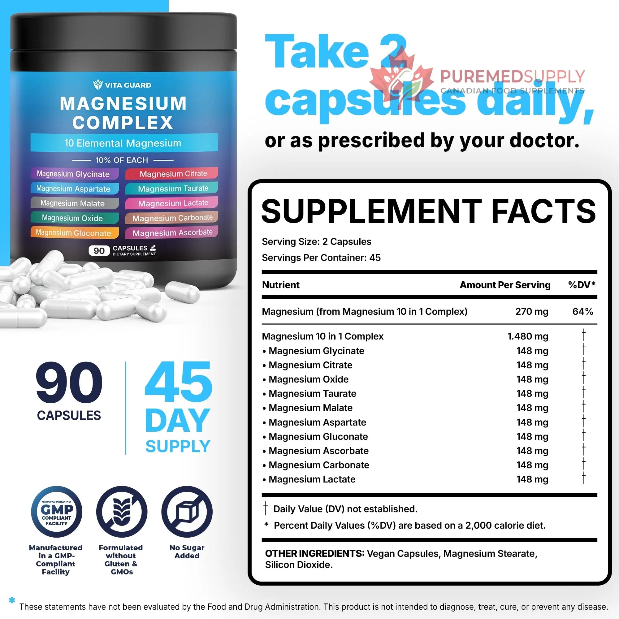 Vita Guard Magnesium Complex 1480mg – 10-in-1 with Glycinate, Citrate, Malate & More – High Absorption – Sleep, Muscle, Nerve & Heart Support – 90 Vegan Capsules – Non-GMO, Gluten-Free, No Sugar Vita Guard buy supplements canada