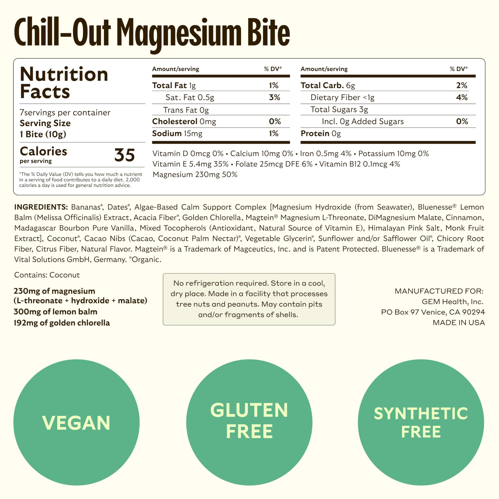 GEM Calm Bite | Supports Calm Mind & Clarity | Magnesium L-Threonate, Golden Chlorella, Lemon Balm | Holistic Non-Habit Forming | Gluten Free, Soy Free, Banana Cinnamon (7 Count) GEM buy supplements canada