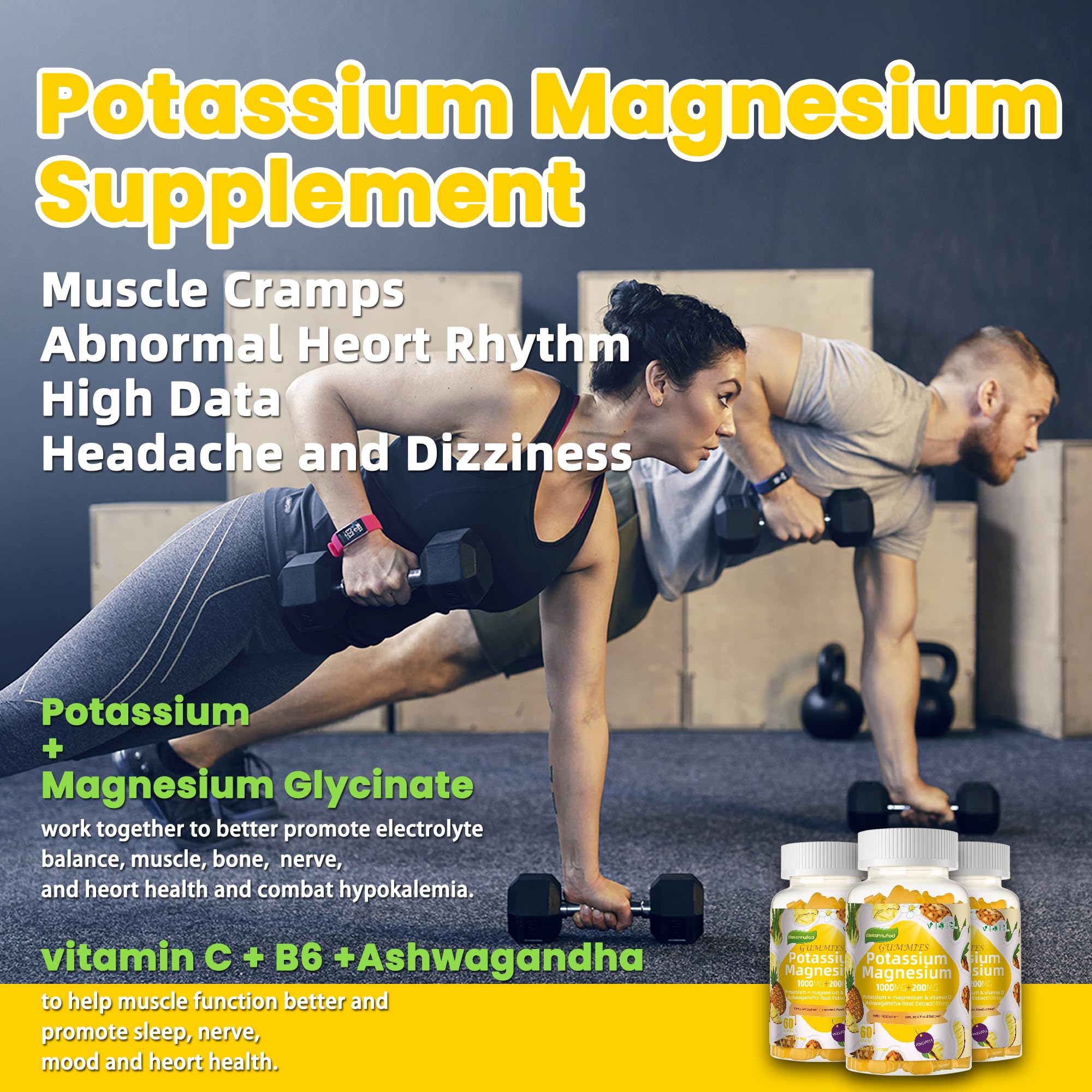 Potassium Magnesium Gummies,High Absorption Magnesium Glycinate,B6,D3,Potassium Citrate for Leg Cramps,Muscle,Electroyte for Adults Kids,Sugar-Free, 60 Gummies (Pineapple) Wekannufod buy supplements canada