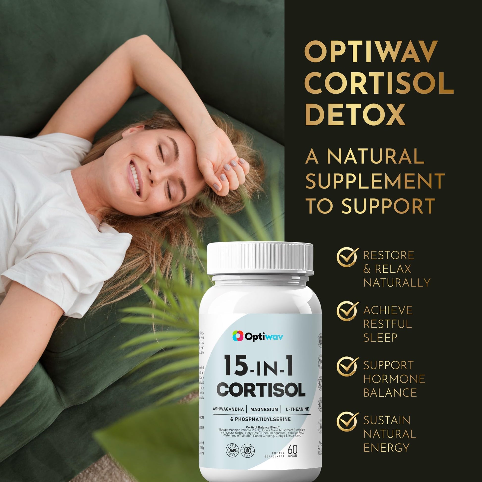 Optiwav Cortisol Detox Supplement for Women Men - Control & Lowering High Cortisol Level - Balance Calm Stress Relief Cleanse Adrenal Health Support - Magnesium Ashwagandha Cortisol Blocker Reducer Optiwav buy supplements canada